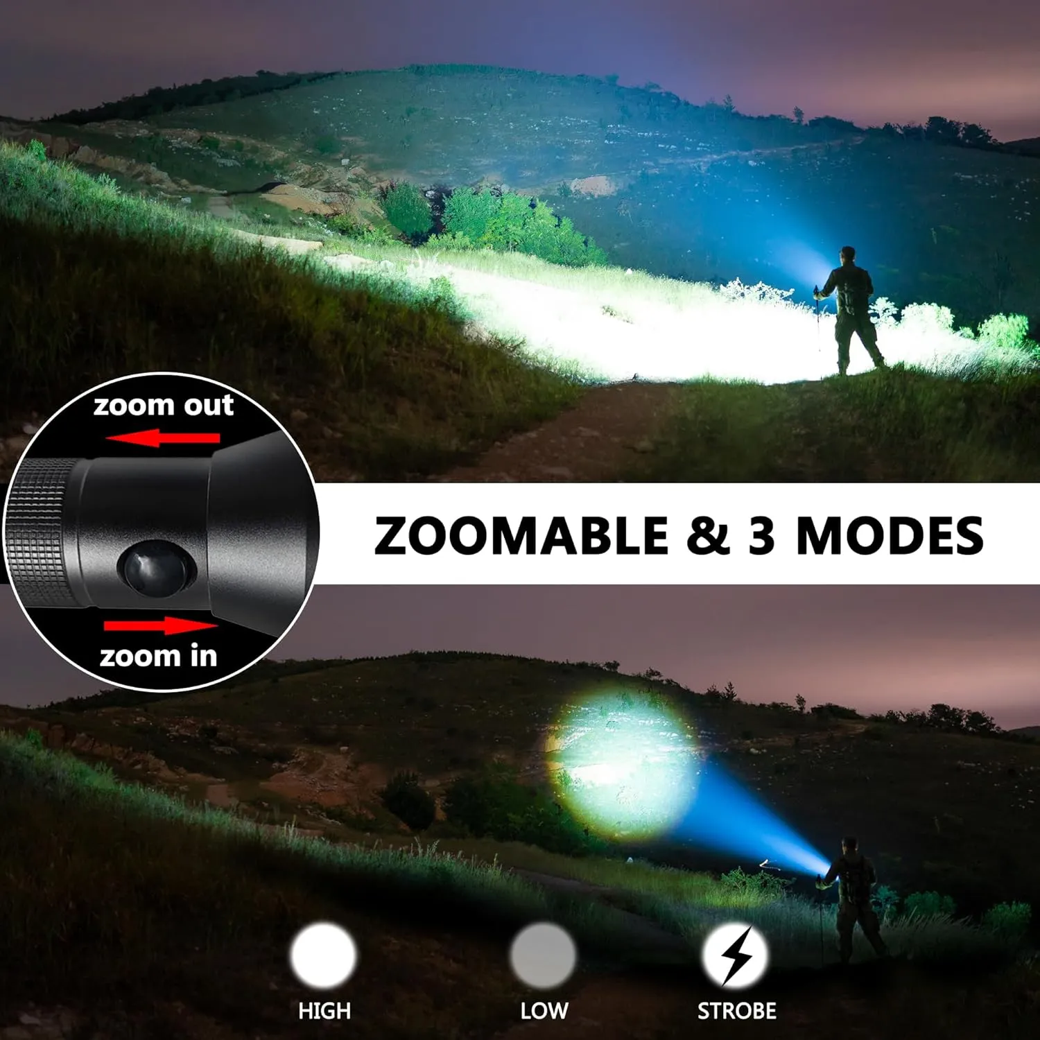 Heavy-Duty LED 2-Cell D Flashlight High Lumens, 3 Modes, Zoomable Flashlights for Power Outages, Hurricane Supplies, Camping