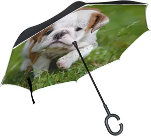 hengpai Dogs Puppy Bulldog Running Green Grass Reverse Inverted Inside Out Umbrella Cars Unigue Windproof UV Proof Double Layer for Women