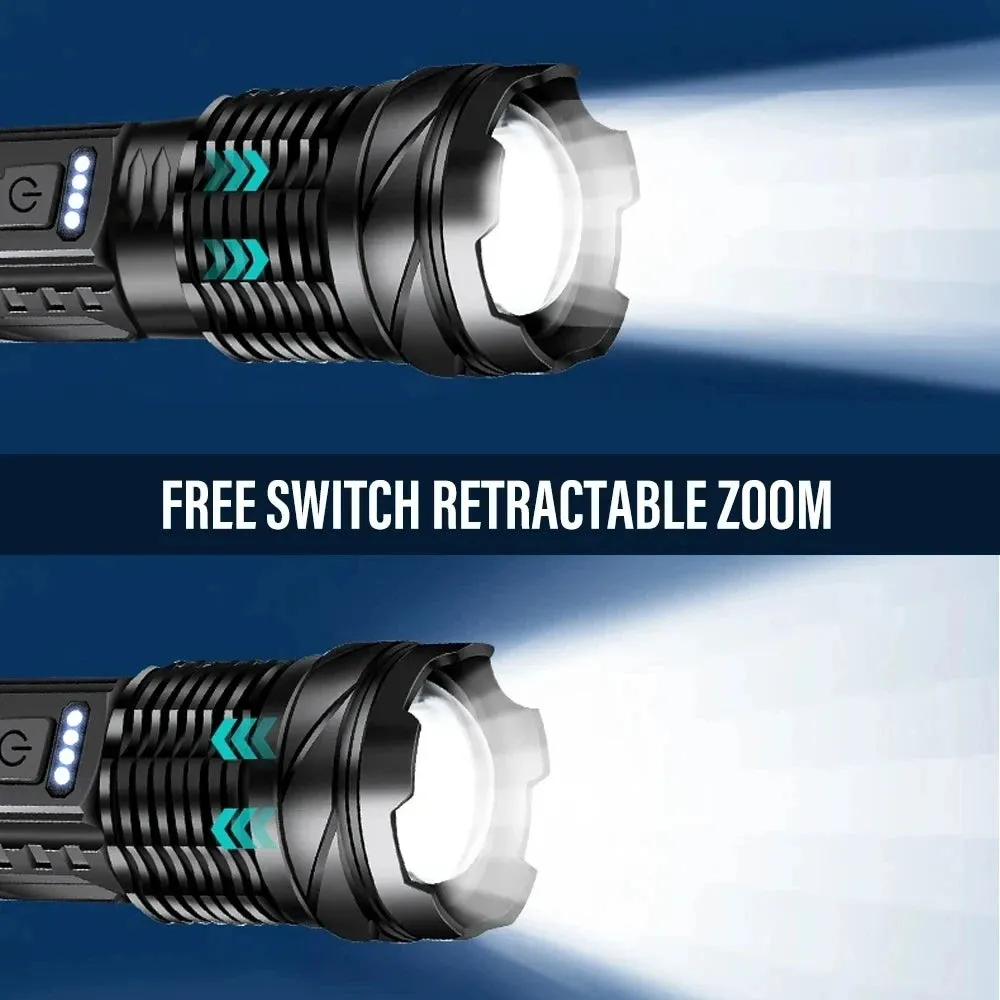 High Power LED Tactical Flashlight with Telescopic Zoom and USB Rechargeable Built-in Battery for Emergency and Camping