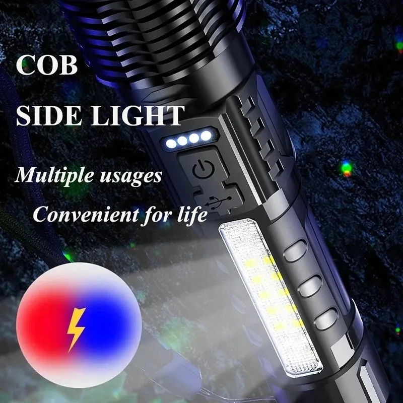 High Power LED Tactical Flashlight with Telescopic Zoom and USB Rechargeable Built-in Battery for Emergency and Camping