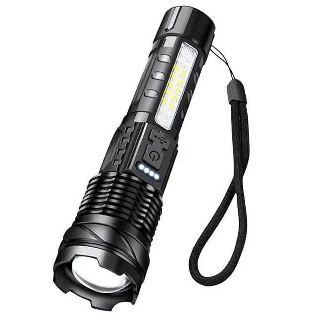 High Power LED Tactical Flashlight with Telescopic Zoom and USB Rechargeable Built-in Battery for Emergency and Camping