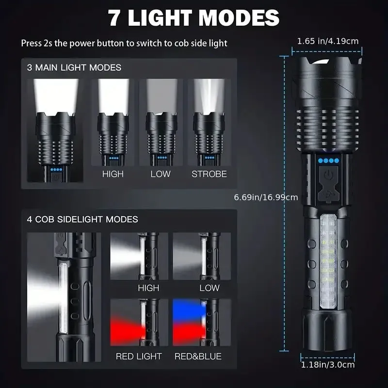 High Power LED Tactical Flashlight with Telescopic Zoom and USB Rechargeable Built-in Battery for Emergency and Camping