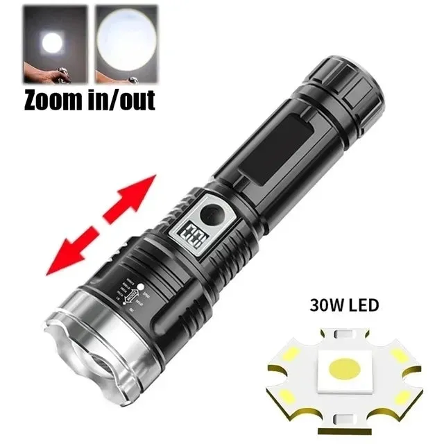 High Power LED Tactical Flashlight with Telescopic Zoom and USB Rechargeable Built-in Battery for Emergency and Camping