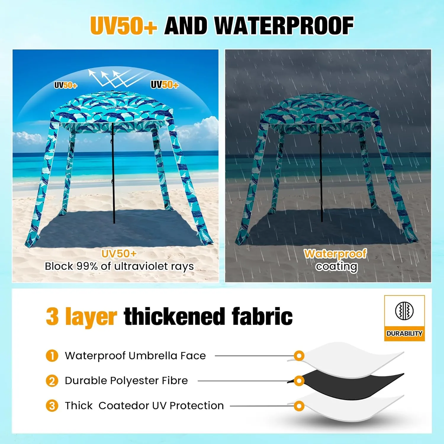 HOMEDEMO Beach Cabana UPF 50 , 6'×6' Beach Canopy, Easy Set up and Take Down, Cool Cabana Beach Tent with Sand Pockets, Side Wall Beach Shade Canopy Wind Waterproof for Kids, Family & Friends