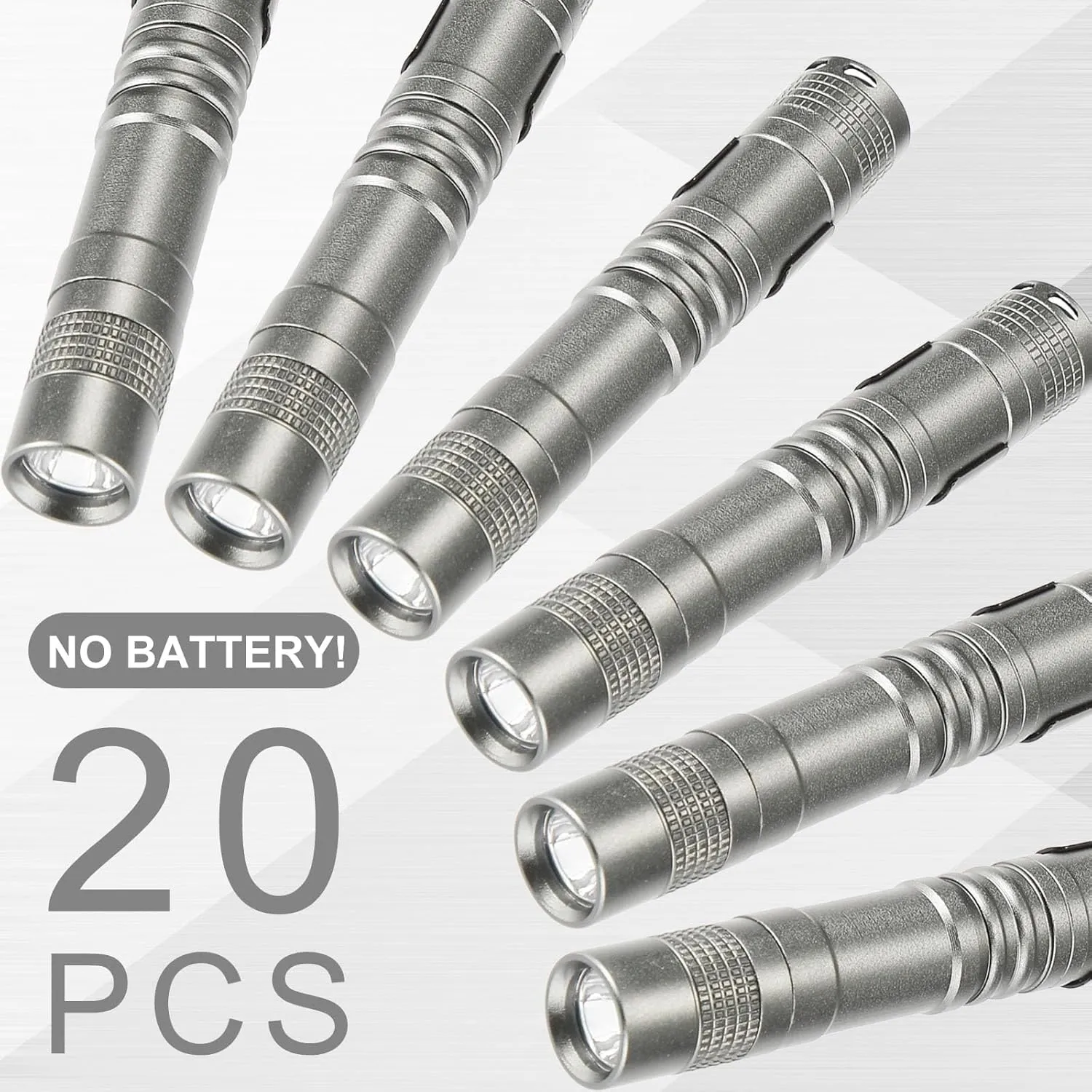 Hortsun 20 Pcs Mini Pen Light Flashlights Pocket Flashlights Pen with Clip Small LED Handheld Slim Torches for Christmas Gift Without Battery (Silver Gray,3.54 Inch)