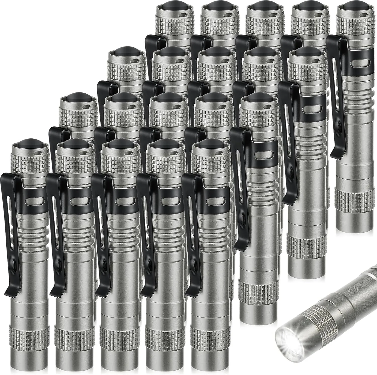 Hortsun 20 Pcs Mini Pen Light Flashlights Pocket Flashlights Pen with Clip Small LED Handheld Slim Torches for Christmas Gift Without Battery (Silver Gray,3.54 Inch)