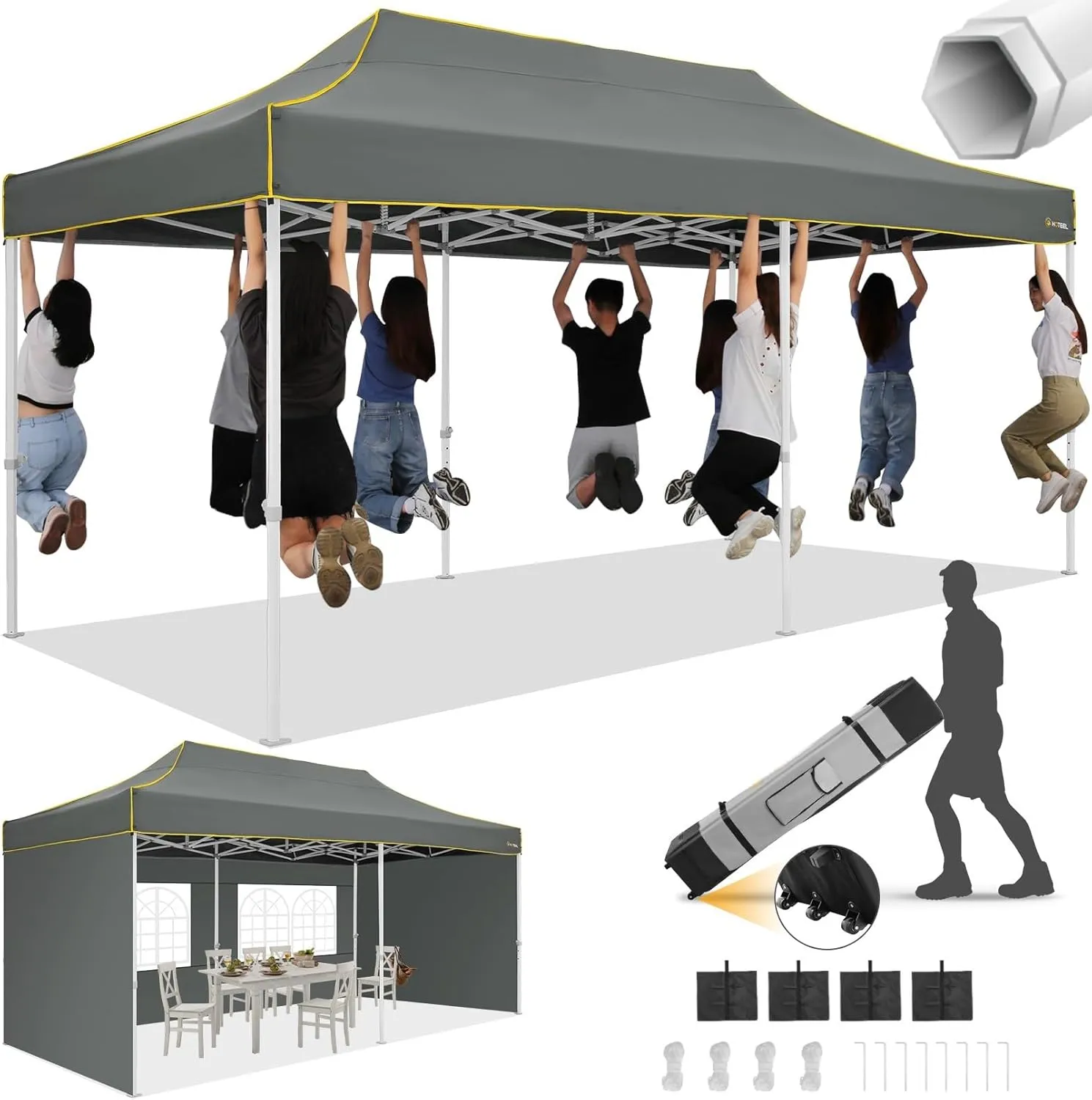 HOTEEL 10x20 Heavy Duty Pop Up Canopy Tent Commercial Outdoor Canopy Tents for Parties Event Wedding with Roller Bag, Waterproof & UV 50 , Upgraded Thickened Hexagonal Legs, 4 Sandbags 8 Staks, Gray
