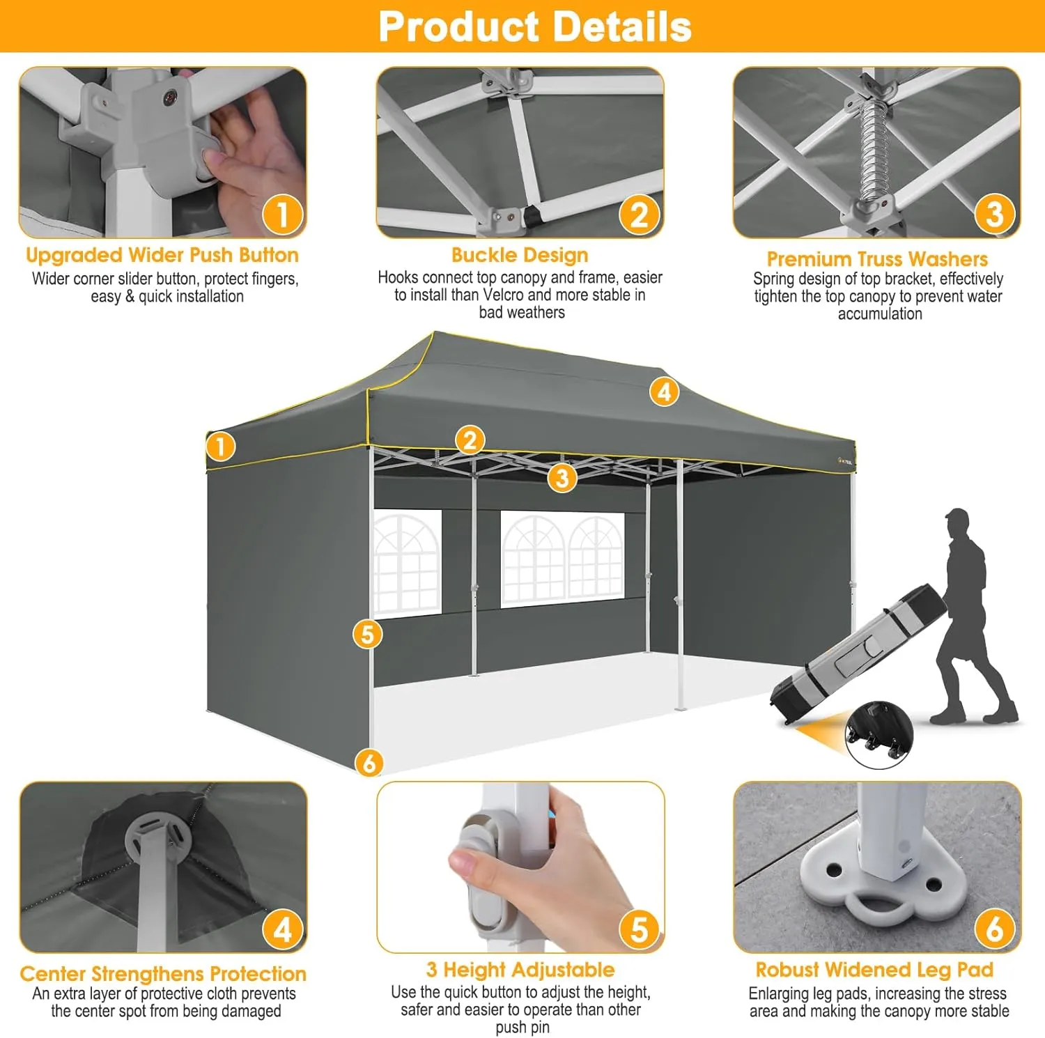 HOTEEL 10x20 Heavy Duty Pop Up Canopy Tent Commercial Outdoor Canopy Tents for Parties Event Wedding with Roller Bag, Waterproof & UV 50 , Upgraded Thickened Hexagonal Legs, 4 Sandbags 8 Staks, Gray