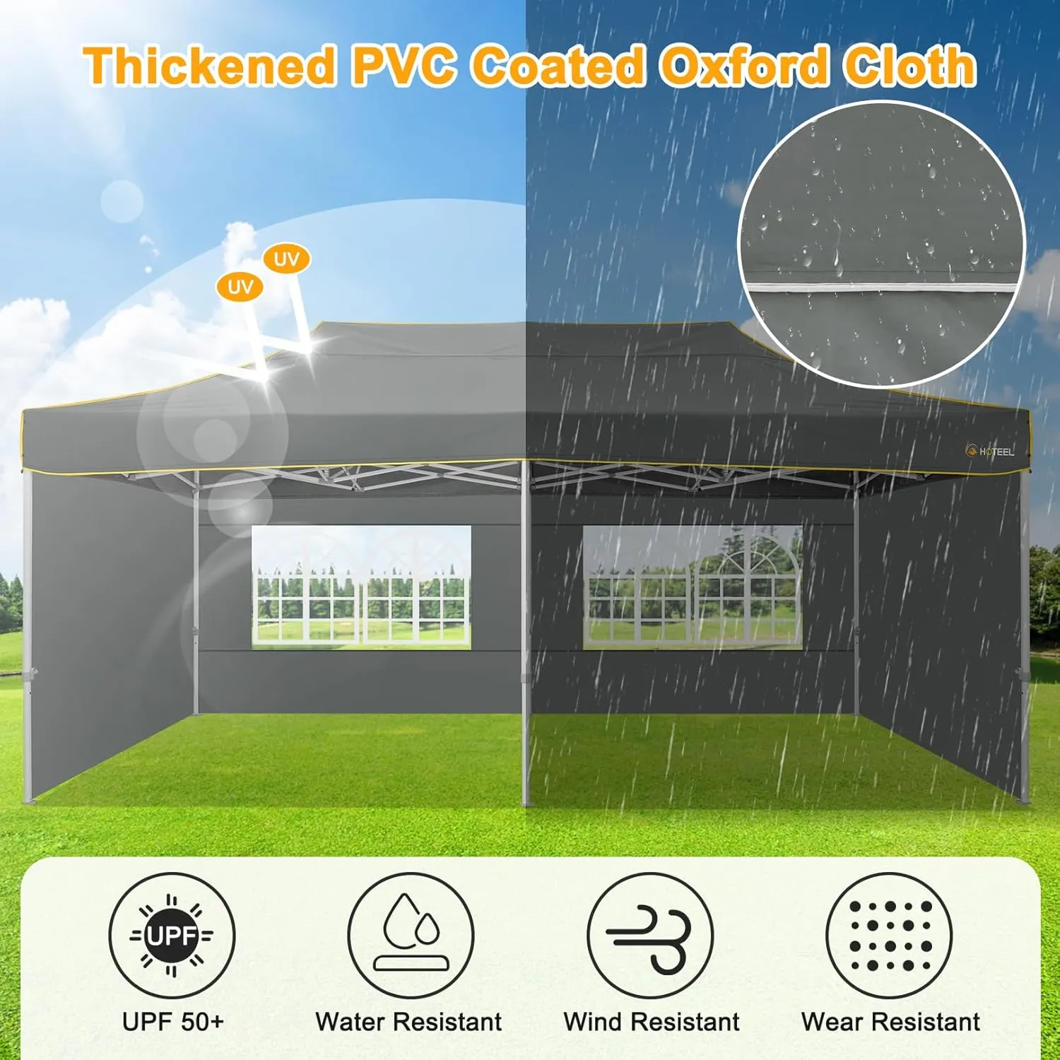 HOTEEL 10x20 Heavy Duty Pop Up Canopy Tent Commercial Outdoor Canopy Tents for Parties Event Wedding with Roller Bag, Waterproof & UV 50 , Upgraded Thickened Hexagonal Legs, 4 Sandbags 8 Staks, Gray