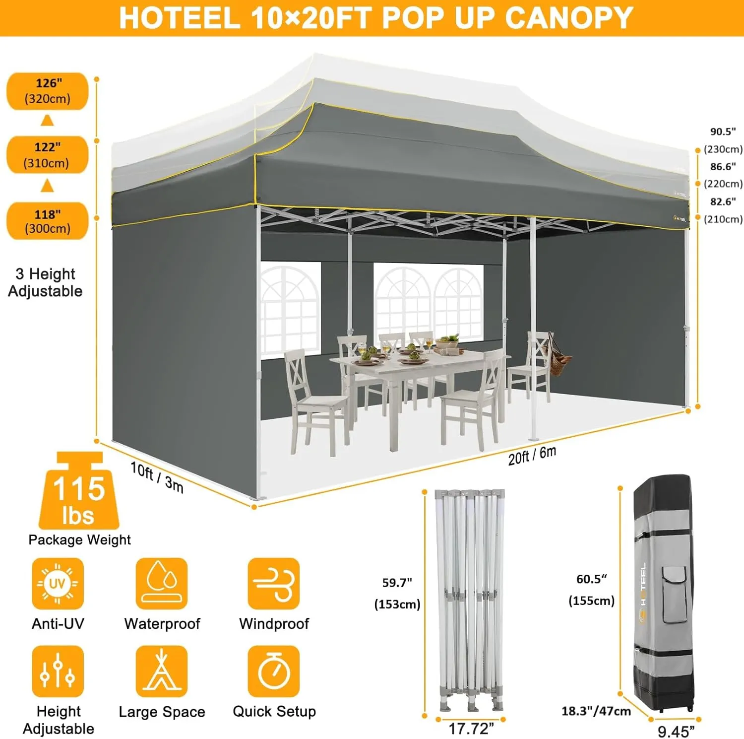 HOTEEL 10x20 Heavy Duty Pop Up Canopy Tent Commercial Outdoor Canopy Tents for Parties Event Wedding with Roller Bag, Waterproof & UV 50 , Upgraded Thickened Hexagonal Legs, 4 Sandbags 8 Staks, Gray