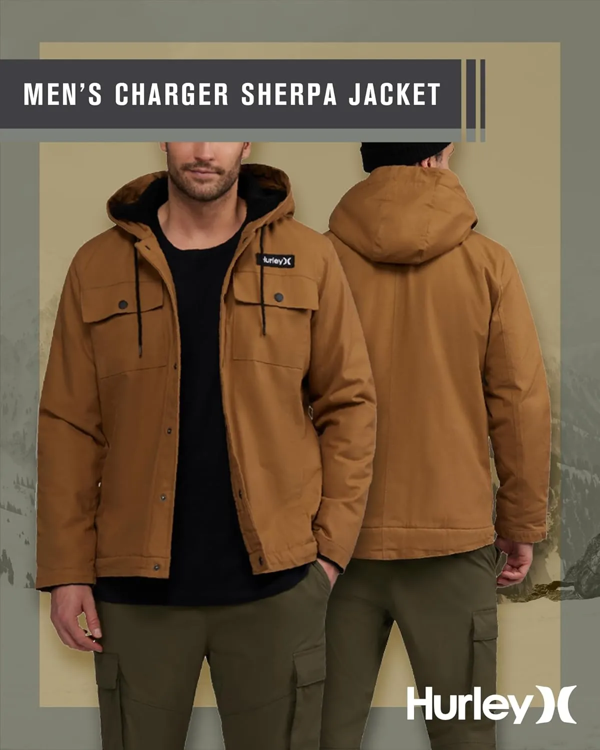 Hurley Men's Charger Jacket - Sherpa Lined Outdoor Jacket with Snap Closure Pockets - Button Down Men's Hooded Jacket (S-XL)