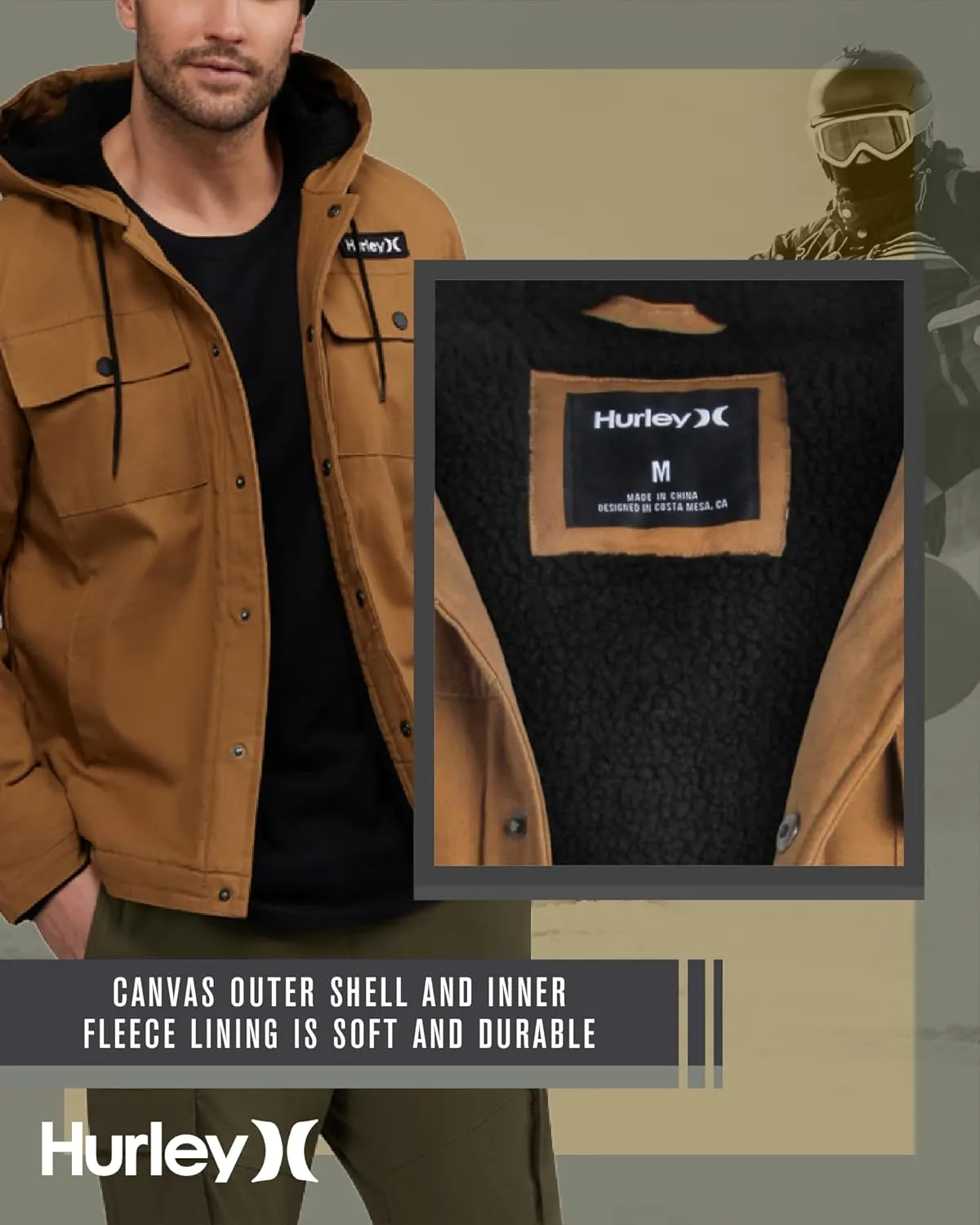 Hurley Men's Charger Jacket - Sherpa Lined Outdoor Jacket with Snap Closure Pockets - Button Down Men's Hooded Jacket (S-XL)