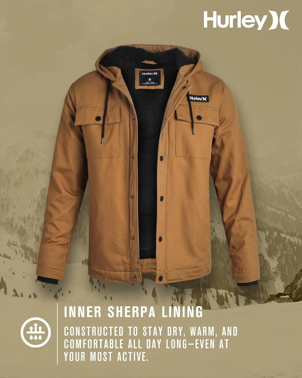 Hurley Men's Charger Jacket - Sherpa Lined Outdoor Jacket with Snap Closure Pockets - Button Down Men's Hooded Jacket (S-XL)