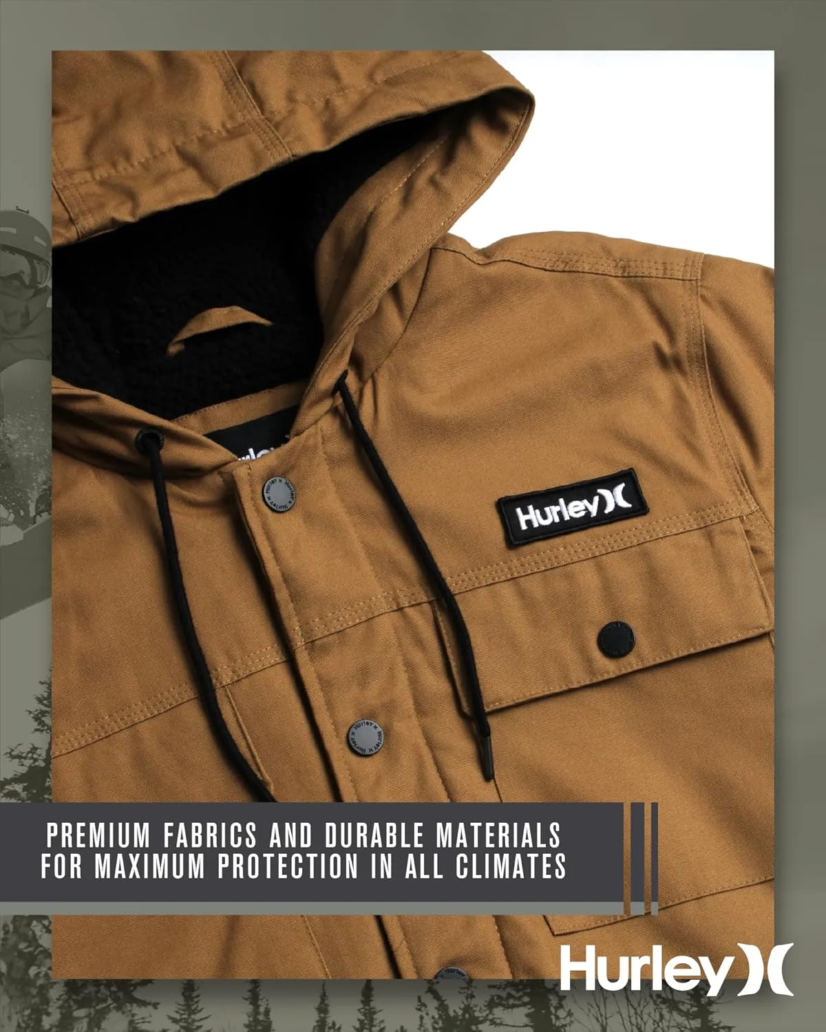 Hurley Men's Charger Jacket - Sherpa Lined Outdoor Jacket with Snap Closure Pockets - Button Down Men's Hooded Jacket (S-XL)