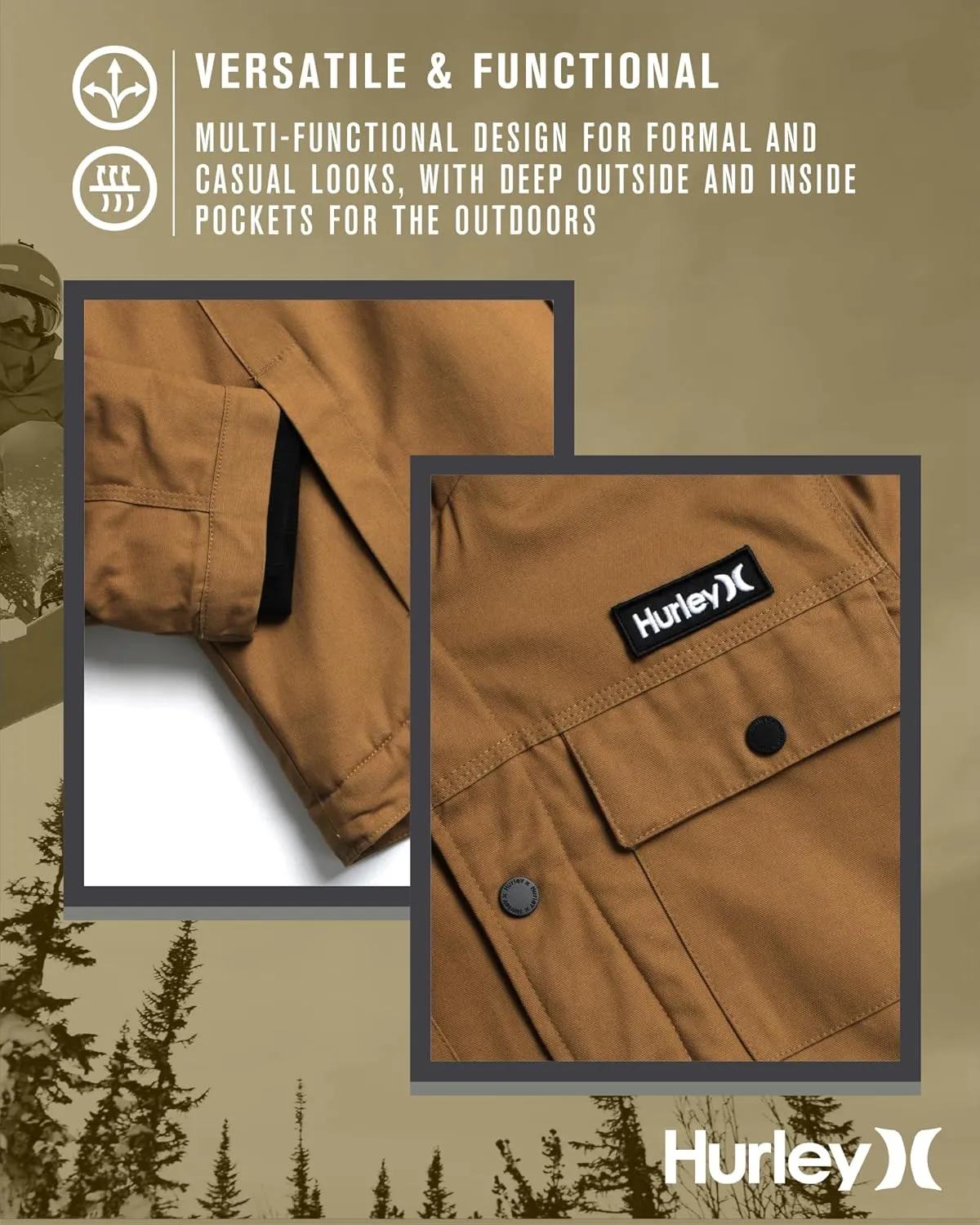 Hurley Men's Charger Jacket - Sherpa Lined Outdoor Jacket with Snap Closure Pockets - Button Down Men's Hooded Jacket (S-XL)
