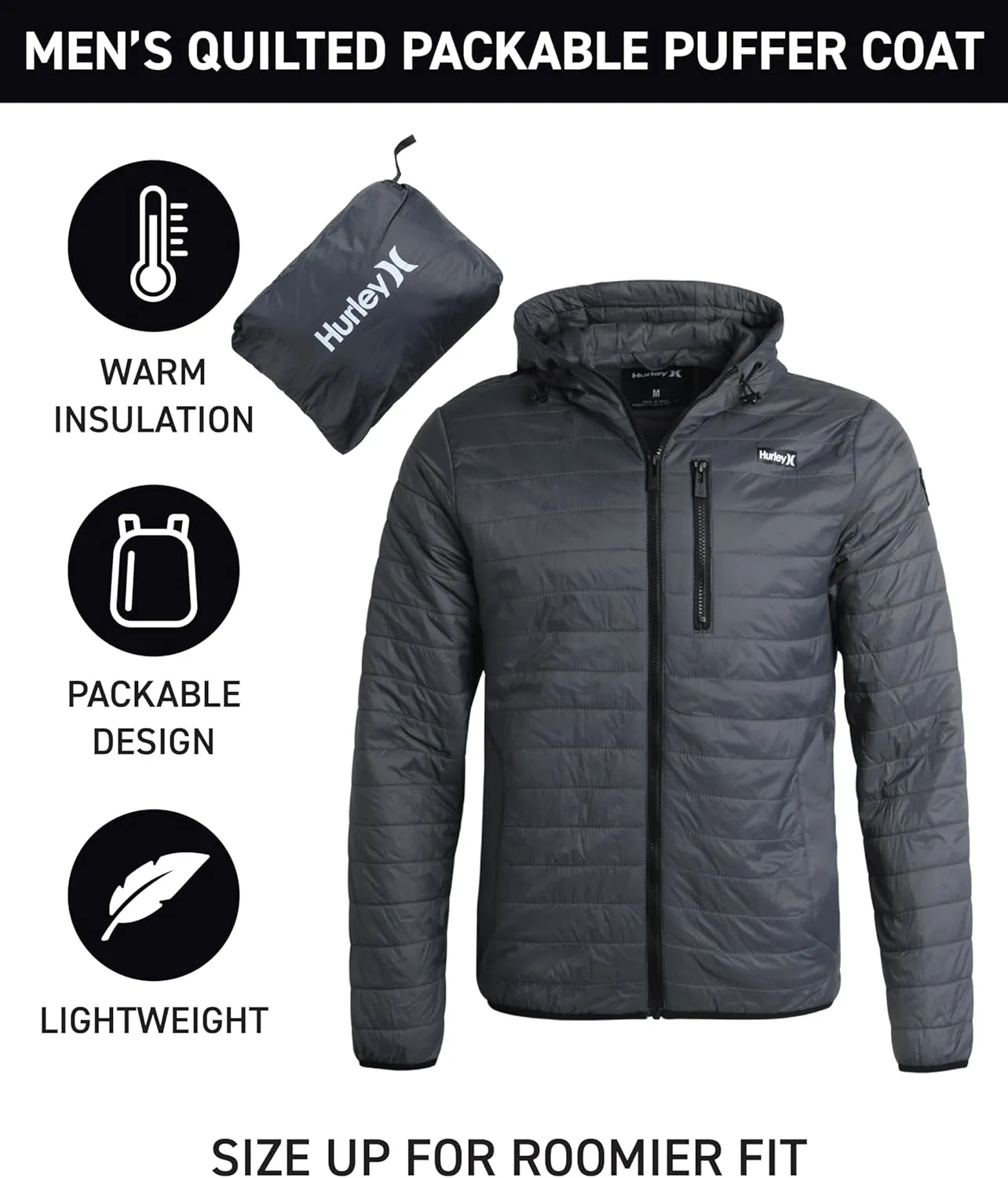 Hurley Men's Jacket - Balsam Lightweight Packable Puffer Coat - Weather Resistant Outerwear Windbreaker Coat for Men (M-XL)