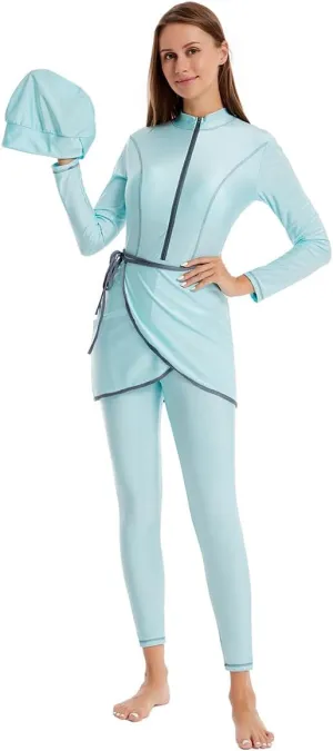IBAKOM One Piece Modest Burkini for Women Islamic Swimsuits with Wrap Skirt Swim Cap Muslim Bathing Suit Cover Ups