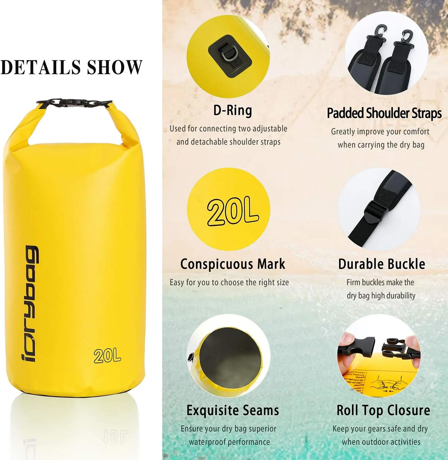 IDRYBAG Dry Bags for Kayaking Waterproof 2L/5L/10L/15L/20L, Small Dry Bag Waterproof Floating, Dry Sack Waterproof Bag for Paddleboarding Travel