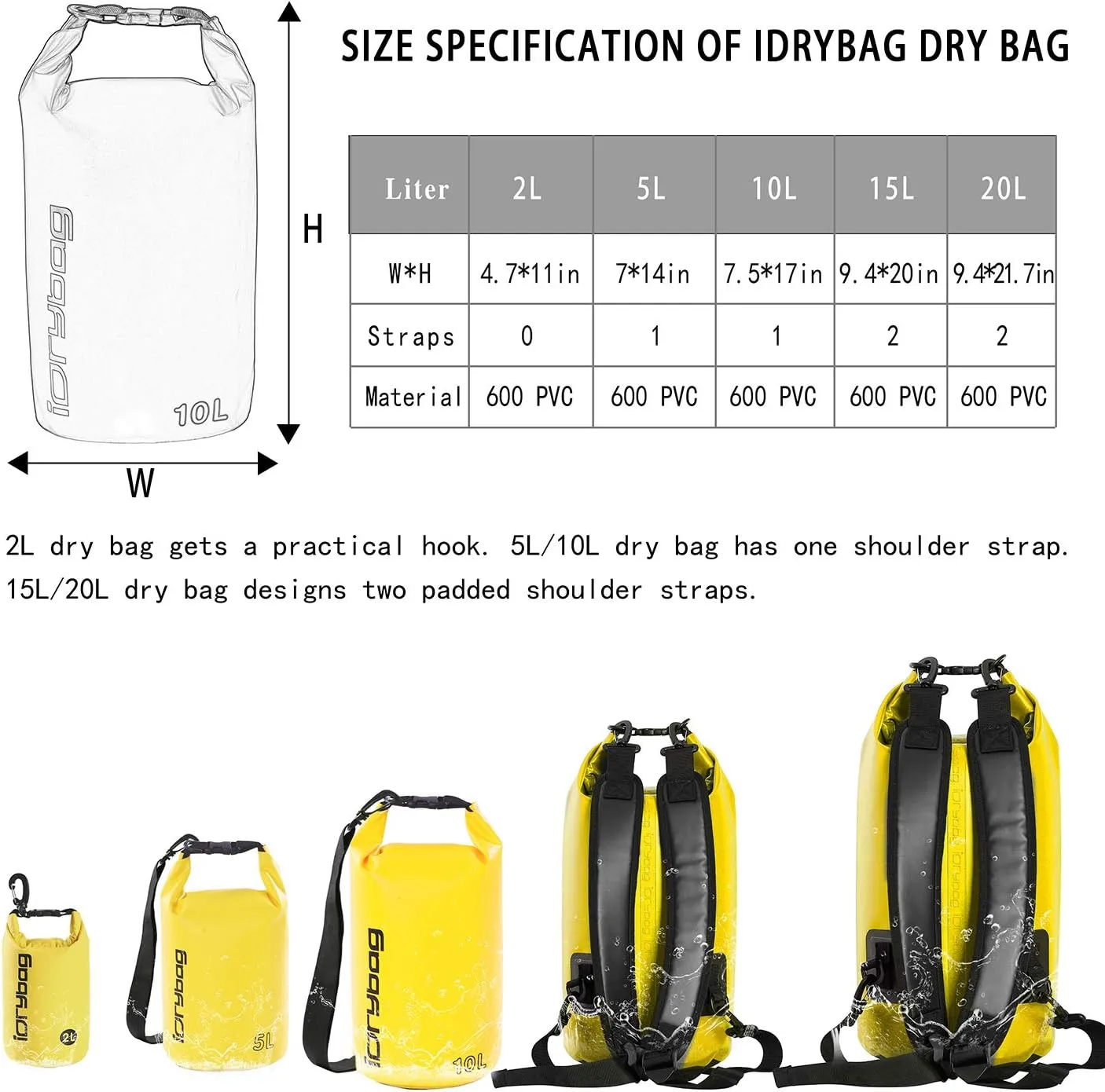 IDRYBAG Dry Bags for Kayaking Waterproof 2L/5L/10L/15L/20L, Small Dry Bag Waterproof Floating, Dry Sack Waterproof Bag for Paddleboarding Travel
