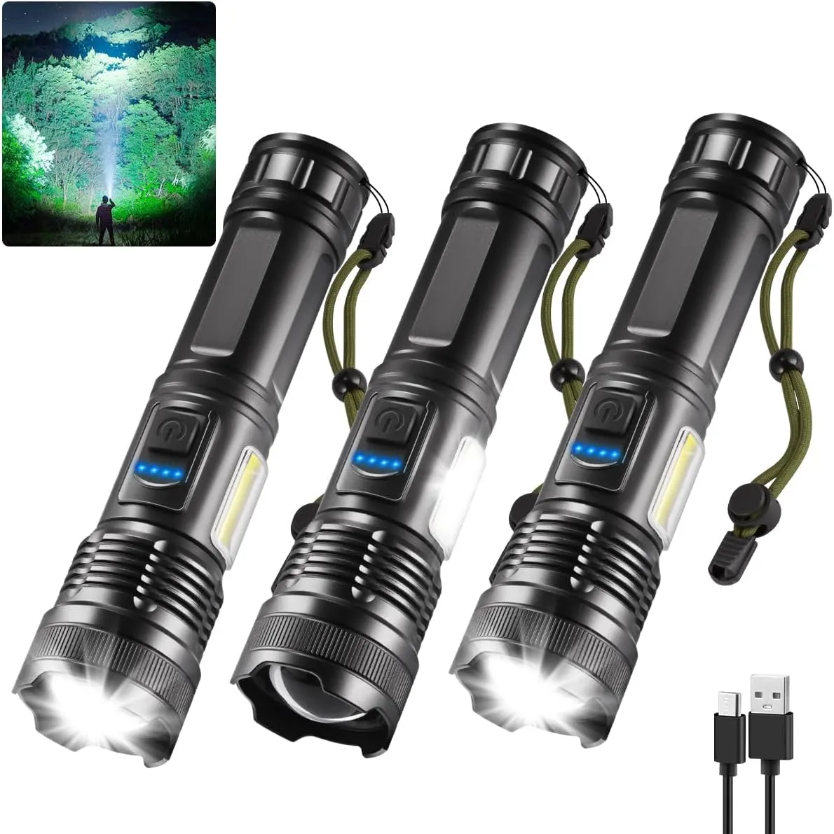 IkeeRuic 7Mode Flashlights High Lumens Rechargeable, 3Pack Tactical Flashlight High Powered, LED Flashlight Rechargeable, Super Bright Flashlight Adjustable, Flash Light for Emergency Home