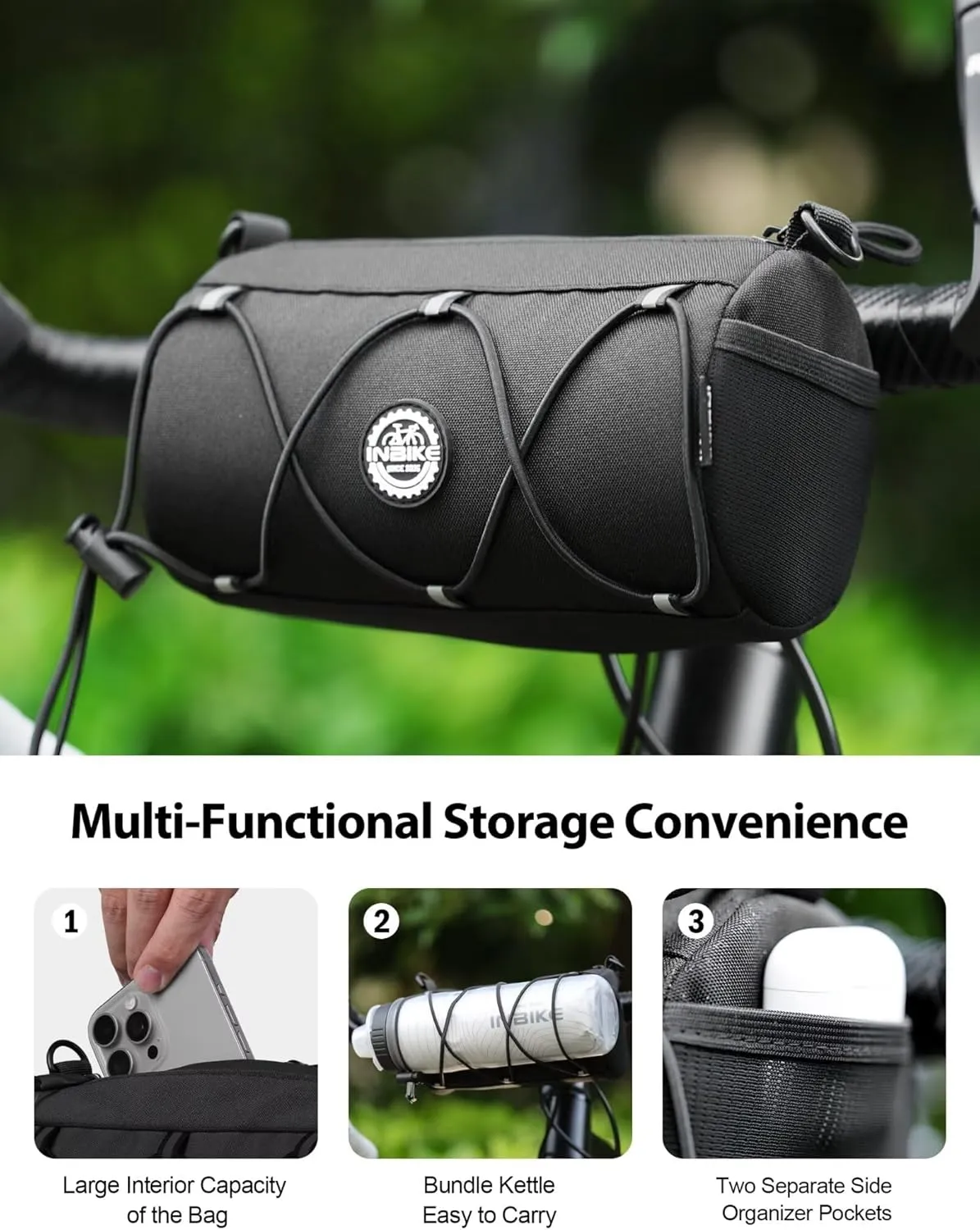 INBIKE Waterproof Bike Handlebar Bag with Shoulder Strap 1.8L Bicycle Front Storage Bags for Motorcycle Biking Exercise