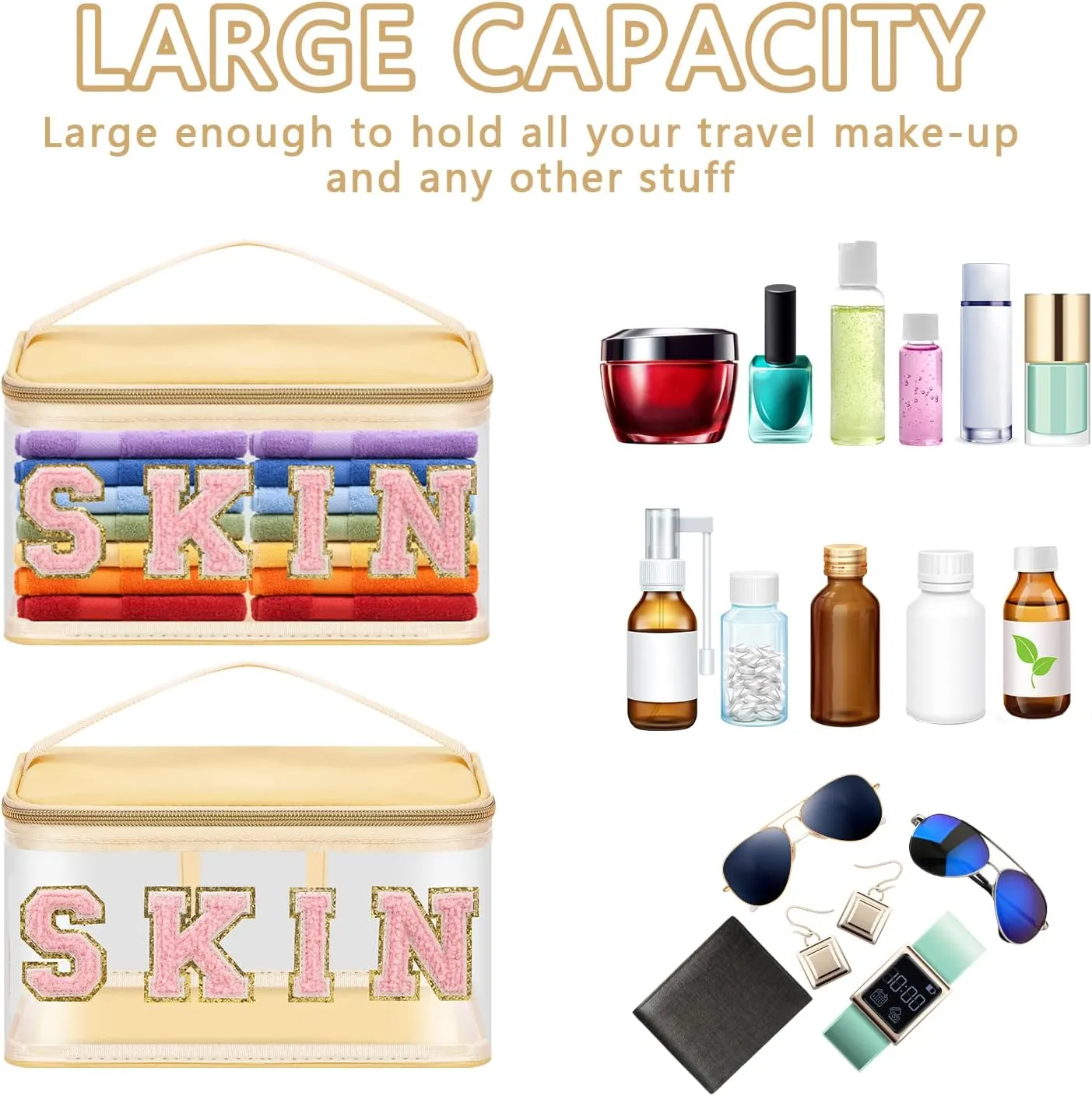Iqimott Preppy Clear Makeup Cosmetic Bag for Women Travel, Nylon PVC Chenille Glitter Letter Toiletry Storage Tote Bag, Transparent Waterproof Organizer Zipper Pouch with Handle(Skin, Beige)