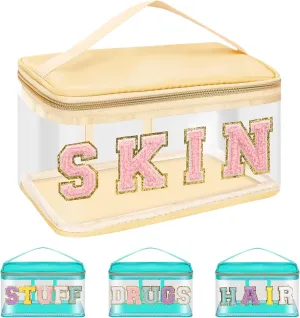 Iqimott Preppy Clear Makeup Cosmetic Bag for Women Travel, Nylon PVC Chenille Glitter Letter Toiletry Storage Tote Bag, Transparent Waterproof Organizer Zipper Pouch with Handle(Skin, Beige)