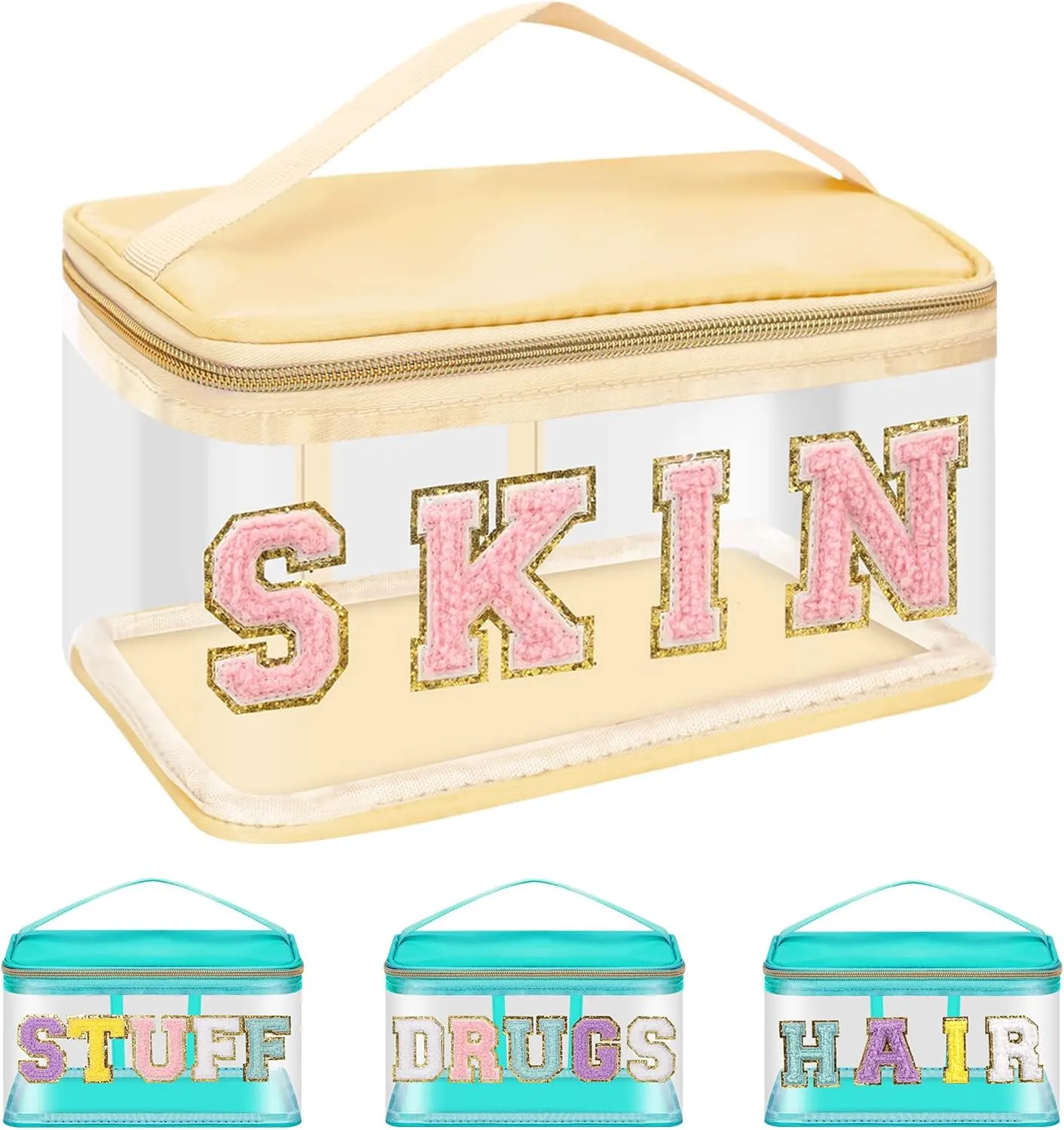 Iqimott Preppy Clear Makeup Cosmetic Bag for Women Travel, Nylon PVC Chenille Glitter Letter Toiletry Storage Tote Bag, Transparent Waterproof Organizer Zipper Pouch with Handle(Skin, Beige)