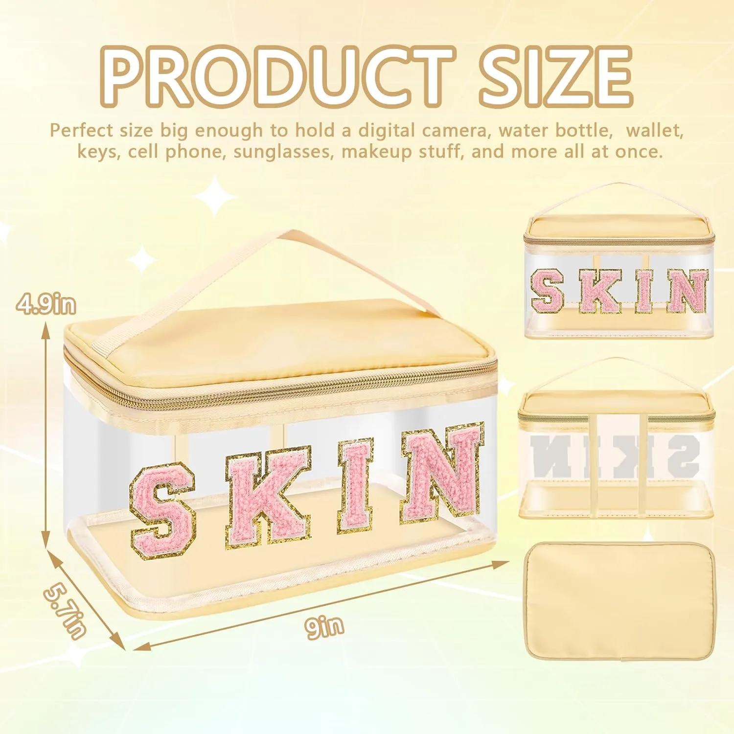 Iqimott Preppy Clear Makeup Cosmetic Bag for Women Travel, Nylon PVC Chenille Glitter Letter Toiletry Storage Tote Bag, Transparent Waterproof Organizer Zipper Pouch with Handle(Skin, Beige)
