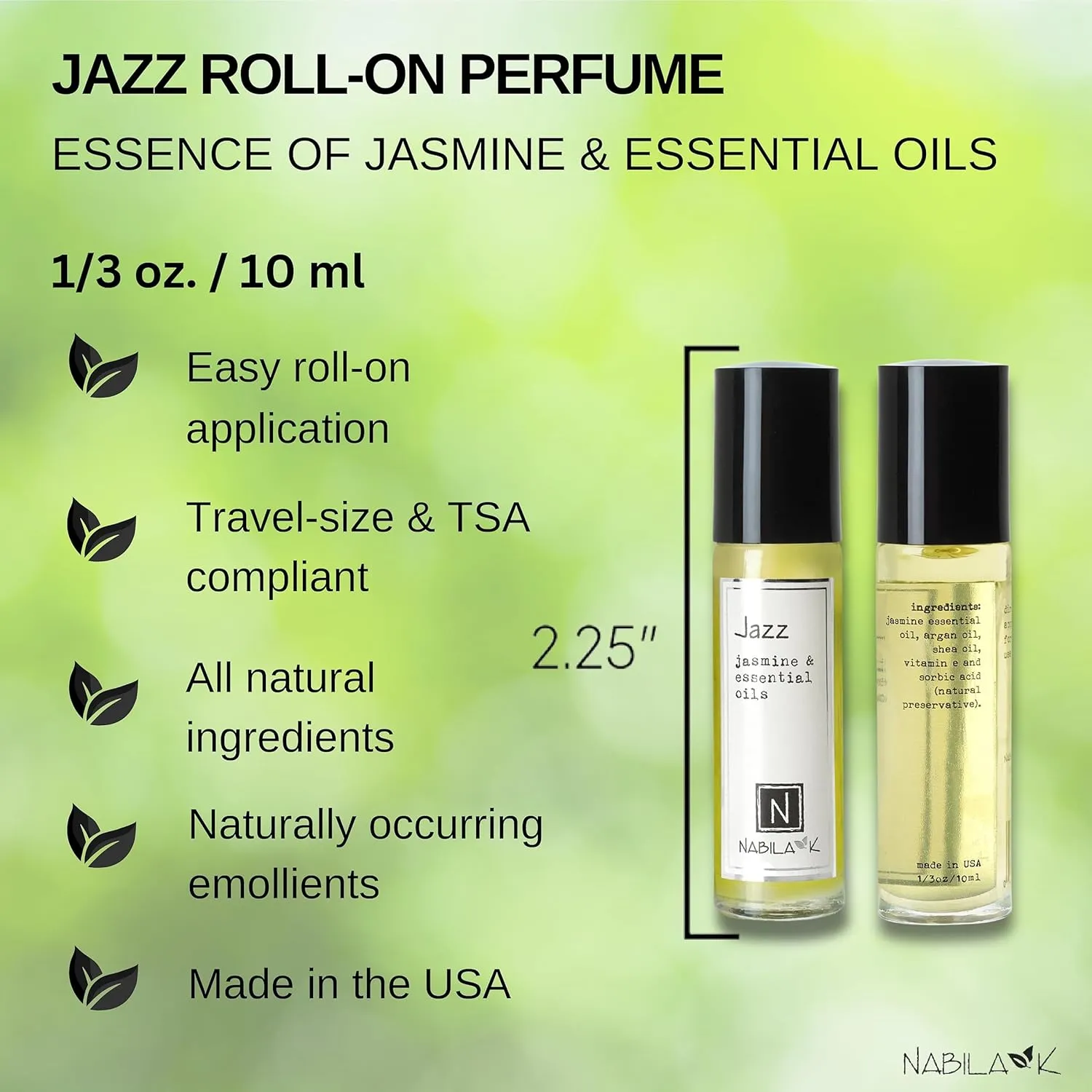 Jazz Roll-On Perfume with Jasmine Essential Oil Alcohol-Free, All-Natural, Organic, Long-Lasting Fragrance - Travel-Size Perfume for Women - TSA Approved, 0.33 oz / 10 ml