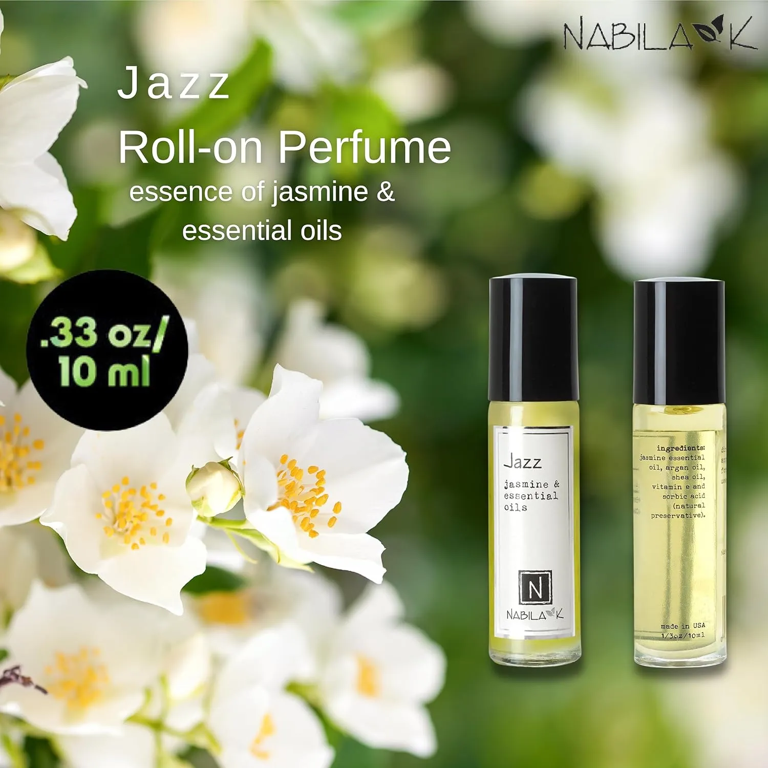 Jazz Roll-On Perfume with Jasmine Essential Oil Alcohol-Free, All-Natural, Organic, Long-Lasting Fragrance - Travel-Size Perfume for Women - TSA Approved, 0.33 oz / 10 ml