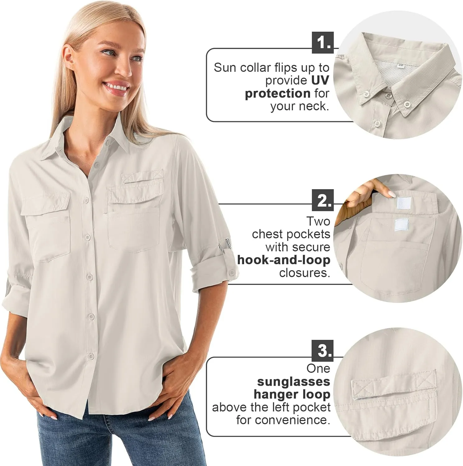 Jessie Kidden Women's Quick Dry Sun UV Protection Convertible Long Sleeve Shirts for Hiking Camping Fishing Sailing