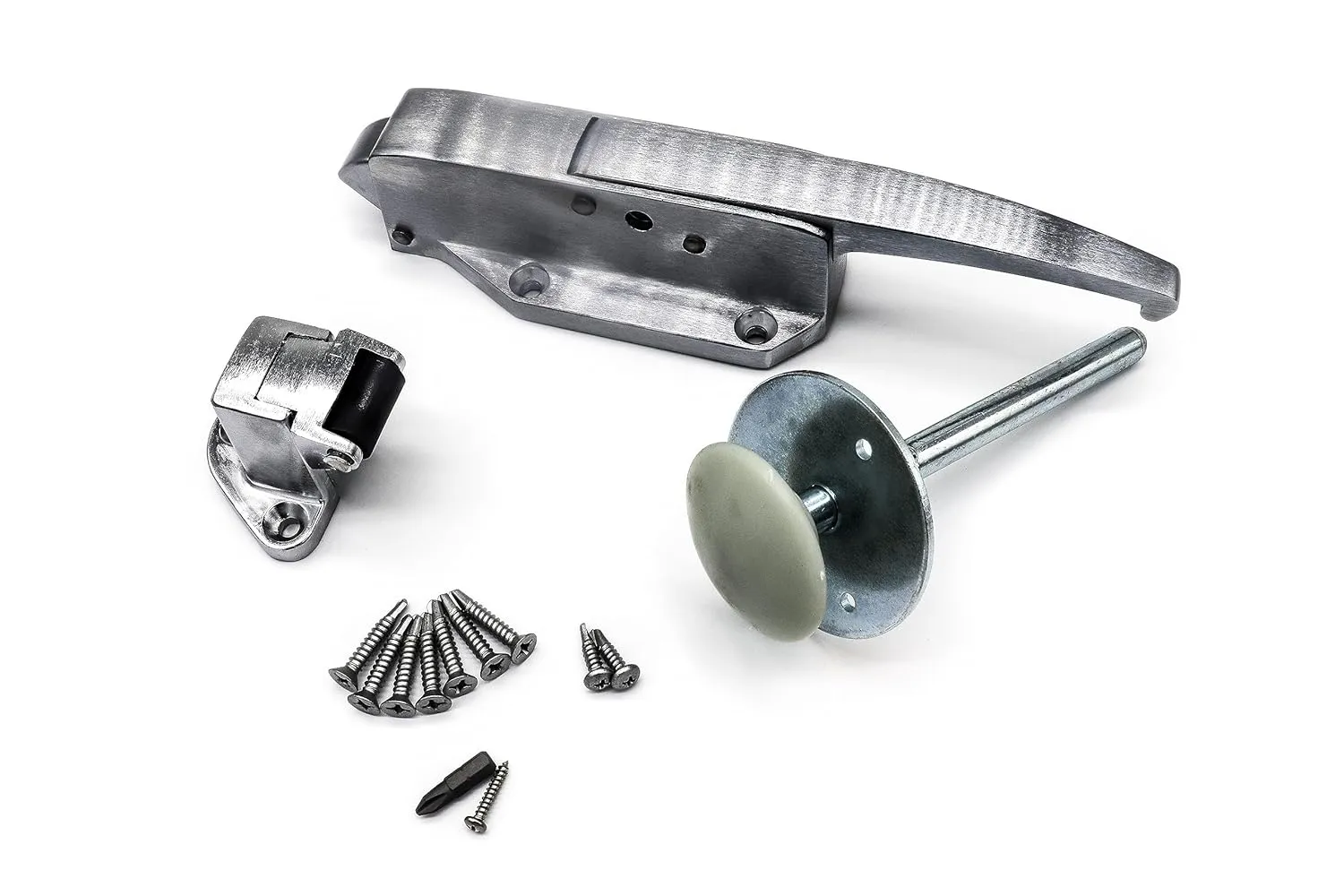 Kason 0058 Brushed Chrome Radial Latch KIT with 0059 Roller Strike, -1/8" to 1/4" Offset, 0481 4" Inside Release and Hardware KIT
