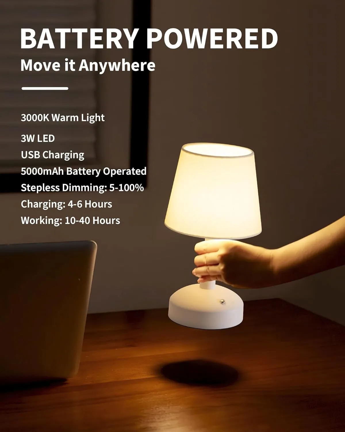 KDG Modern Cordless Small Table Lamp Set of 2, Portable LED Fabric Shade Desk Lamps, 5000mAh Rechargeable Battery Operated Lighting for Bedroom, Bedside, Living Room, Dining Room (White)