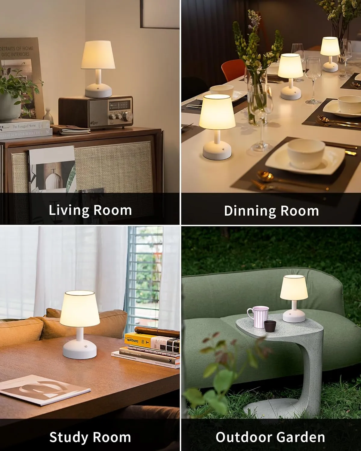 KDG Modern Cordless Small Table Lamp Set of 2, Portable LED Fabric Shade Desk Lamps, 5000mAh Rechargeable Battery Operated Lighting for Bedroom, Bedside, Living Room, Dining Room (White)