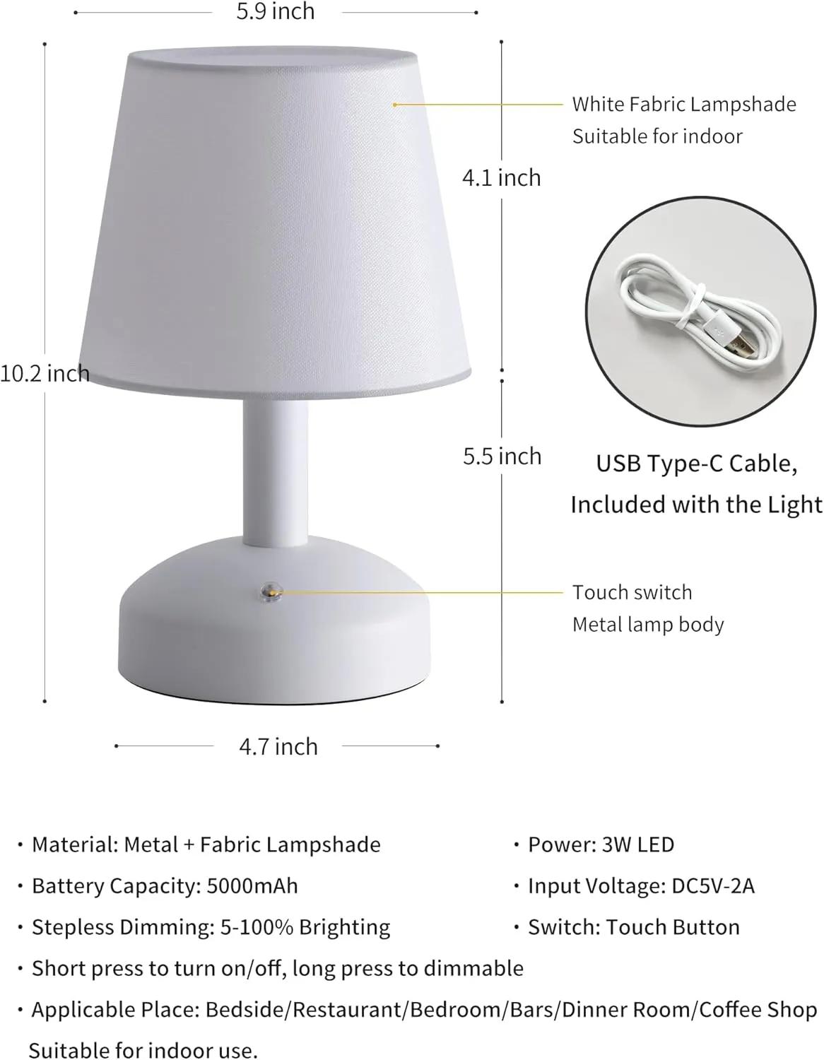 KDG Modern Cordless Small Table Lamp Set of 2, Portable LED Fabric Shade Desk Lamps, 5000mAh Rechargeable Battery Operated Lighting for Bedroom, Bedside, Living Room, Dining Room (White)