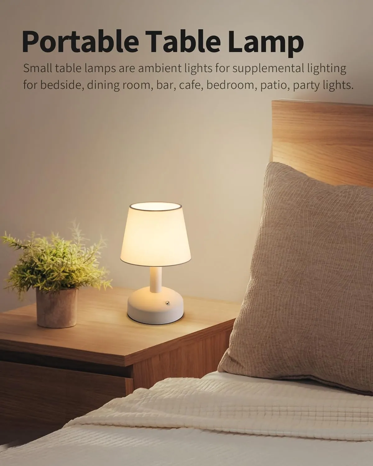 KDG Modern Cordless Small Table Lamp Set of 2, Portable LED Fabric Shade Desk Lamps, 5000mAh Rechargeable Battery Operated Lighting for Bedroom, Bedside, Living Room, Dining Room (White)