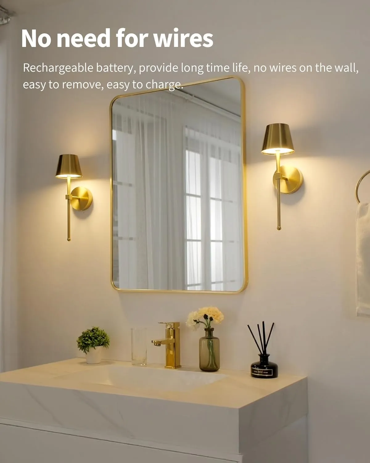 KDG Wireless Wall Sconces Set of 2, Small Cordless 5200mAh Rechargeable Battery LED Wall Lamps, Stepless Dimming Lightings for Wall Painting, Living Room, Bedroom, Hallway, Gifts, Night Light (Gold)