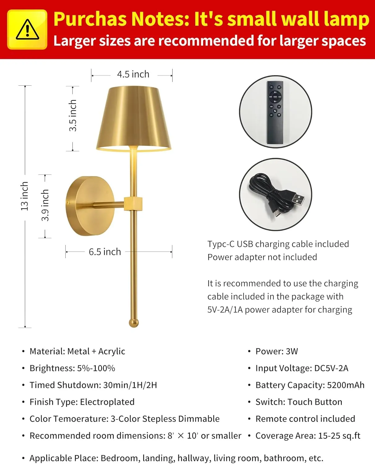 KDG Wireless Wall Sconces Set of 2, Small Cordless 5200mAh Rechargeable Battery LED Wall Lamps, Stepless Dimming Lightings for Wall Painting, Living Room, Bedroom, Hallway, Gifts, Night Light (Gold)