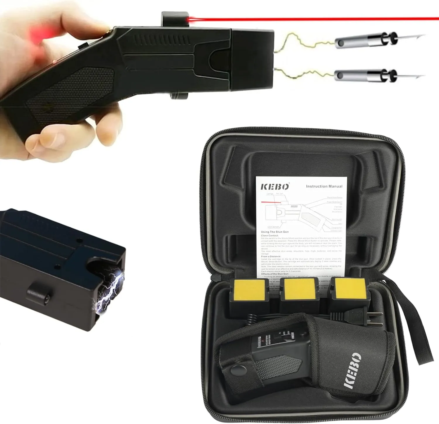 KEBO Self-Defense Heavy Duty Stun Gun for Men & Women,15 Foot Range,1.60 µC Painful Charge,LED Flashlight,Safety Switch