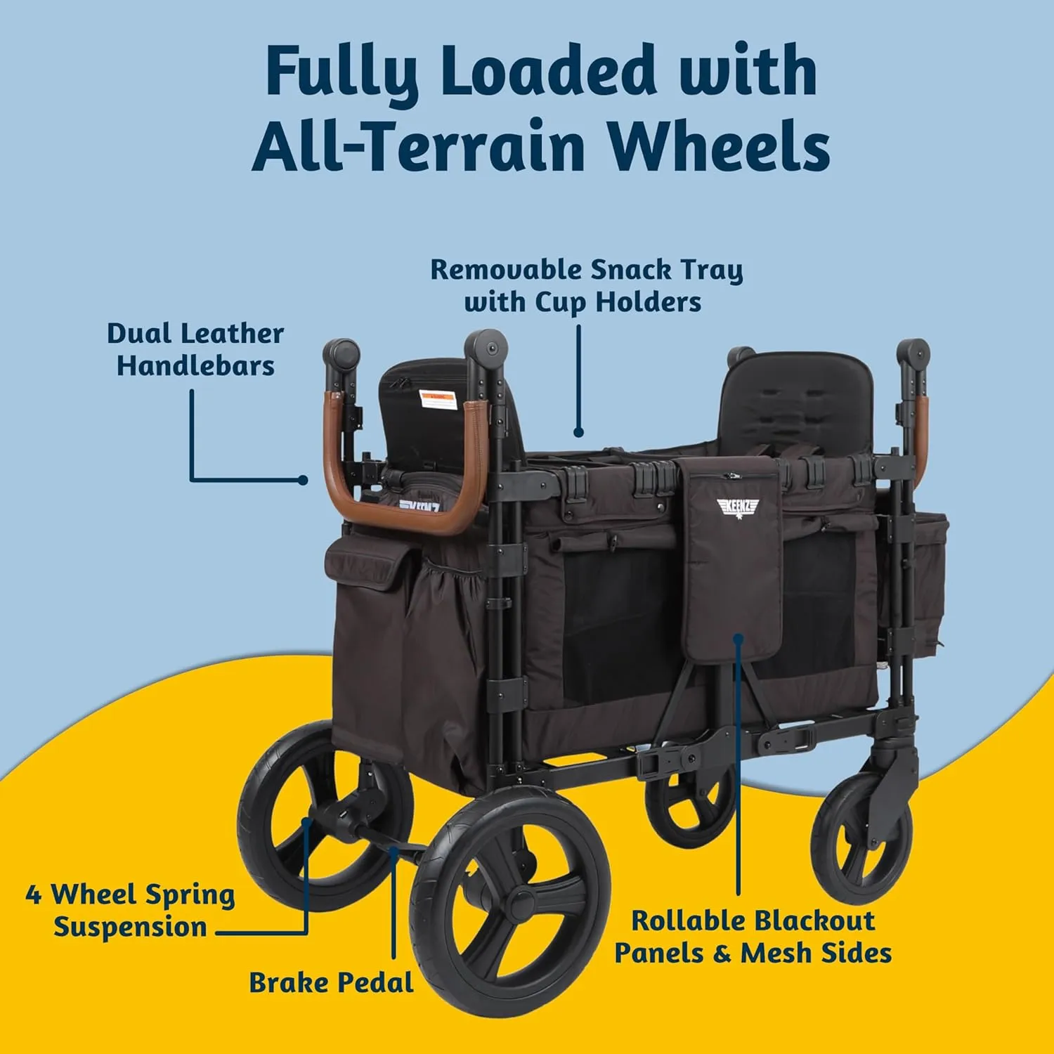 Keenz XC 2.0 - Luxury 2 Passenger Stroller Wagon for Kids | Foldable 2 Passenger Quad Seater with Adjustable Canopy | Black