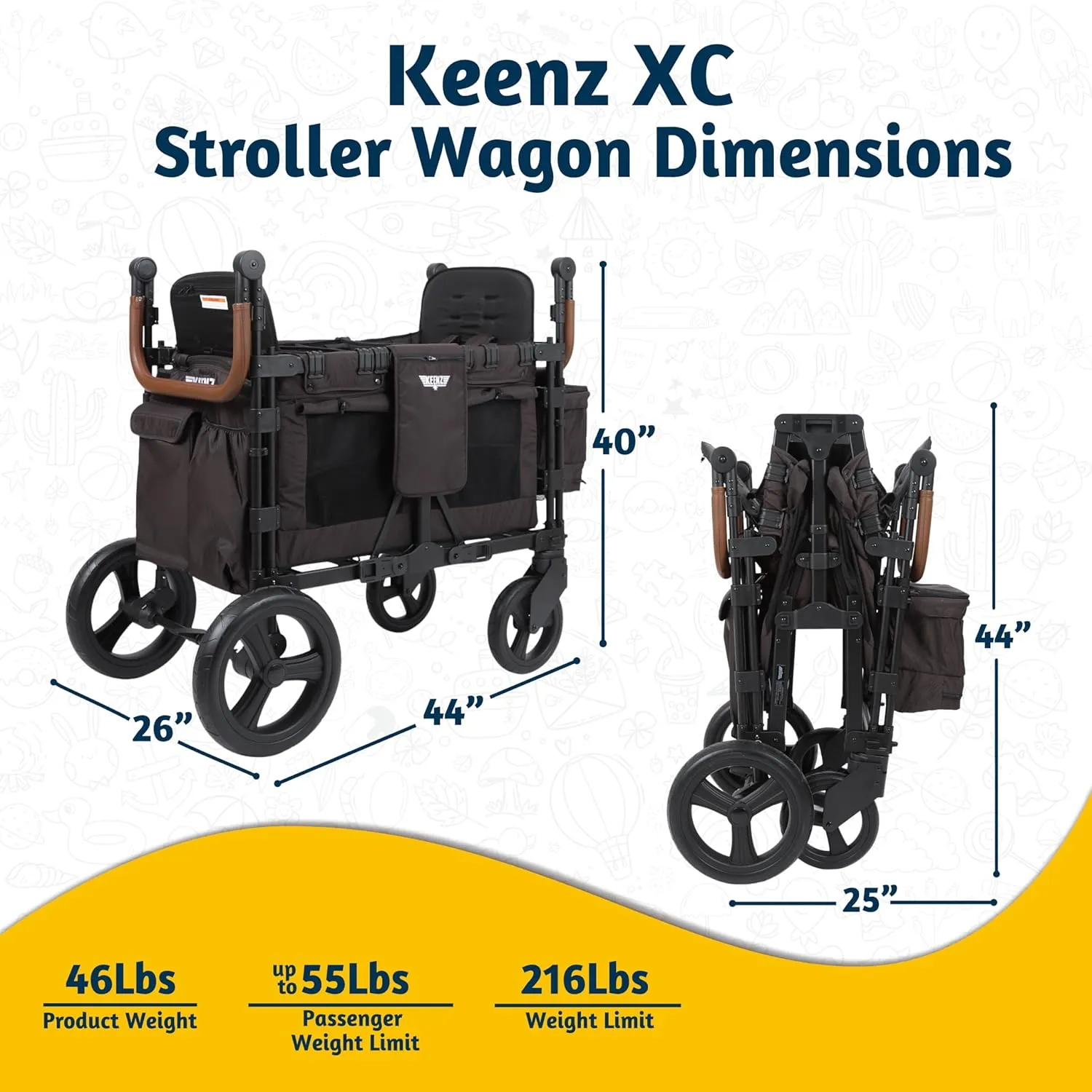 Keenz XC 2.0 - Luxury 2 Passenger Stroller Wagon for Kids | Foldable 2 Passenger Quad Seater with Adjustable Canopy | Black