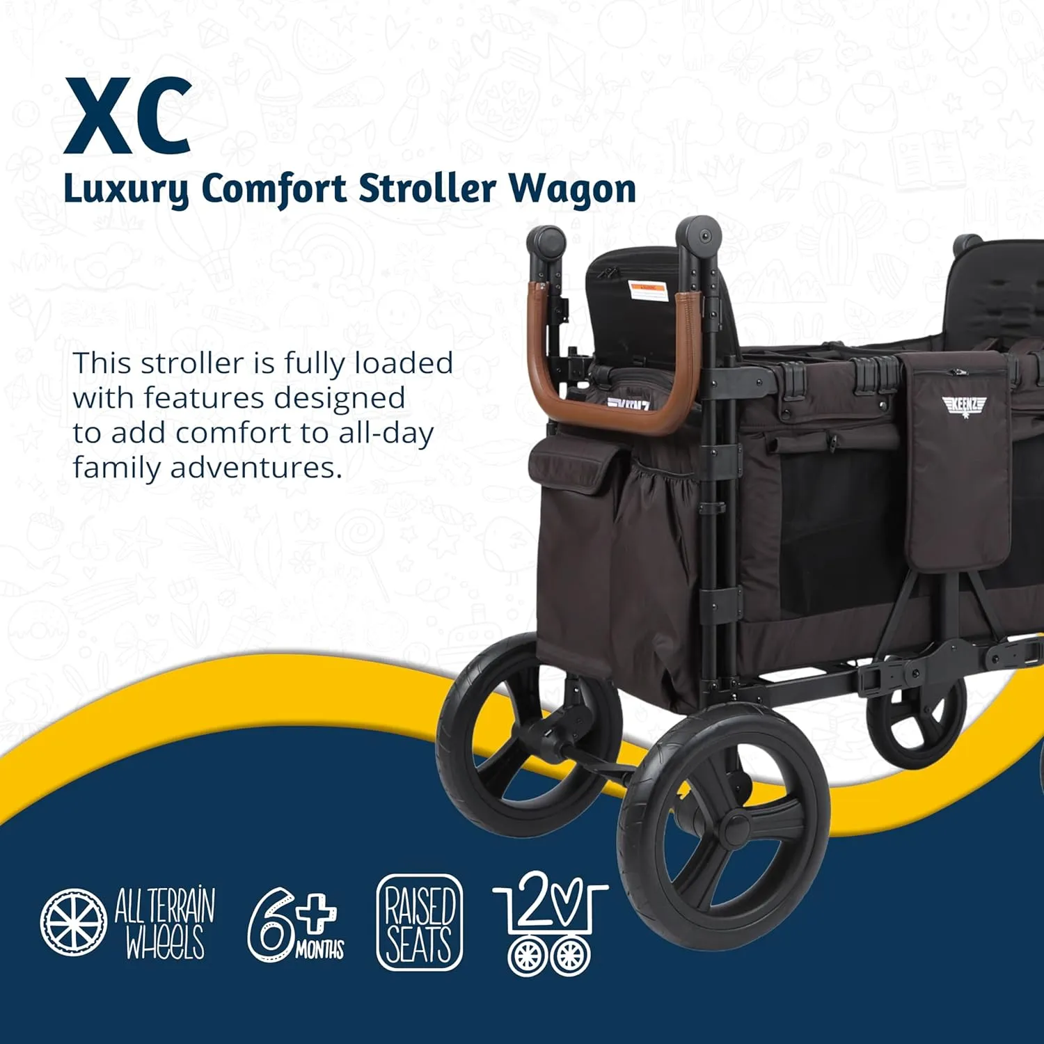Keenz XC 2.0 - Luxury 2 Passenger Stroller Wagon for Kids | Foldable 2 Passenger Quad Seater with Adjustable Canopy | Black