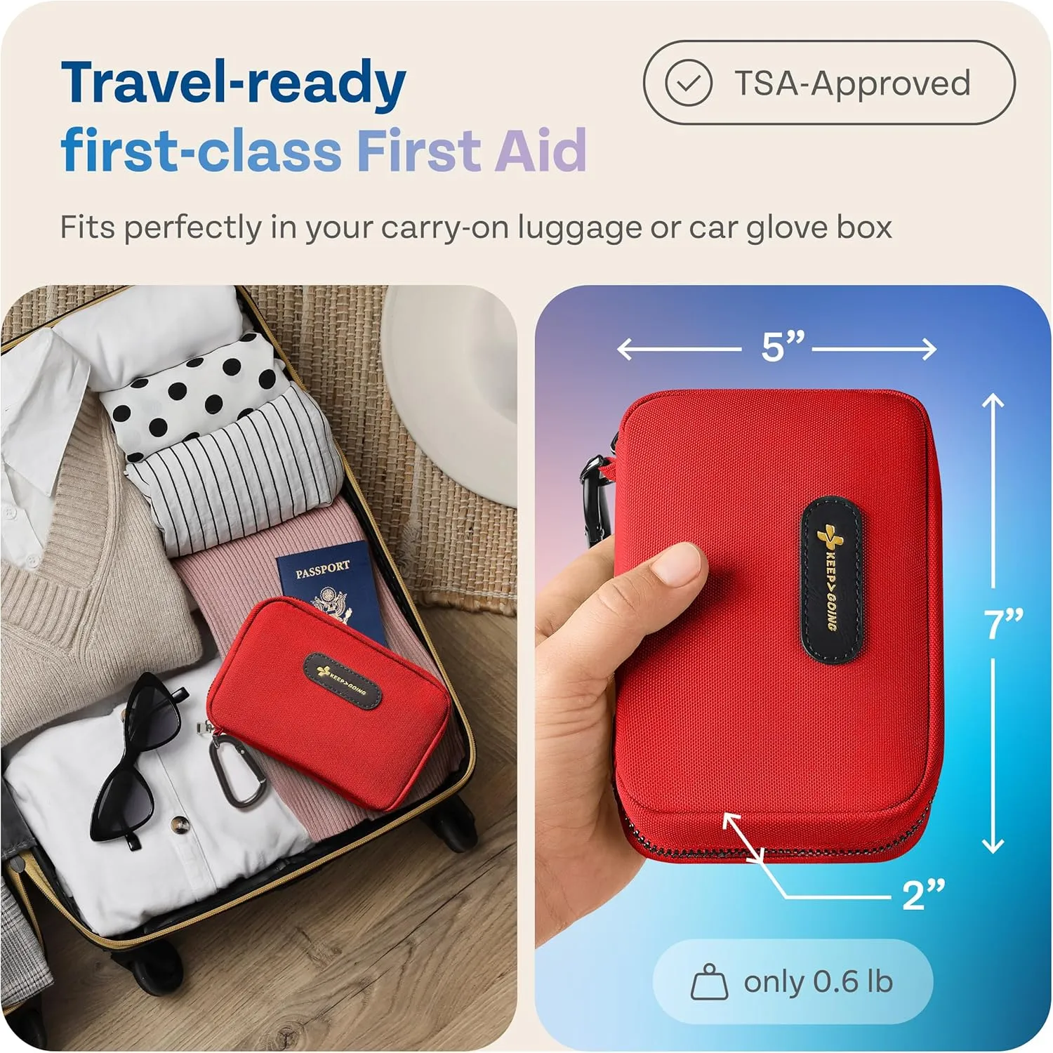 KeepGoing Travel First Aid Kit for Car, Home, Hiking, Camping and Outdoor Emergencies - First Aid Kit Travel Size TSA-Approved