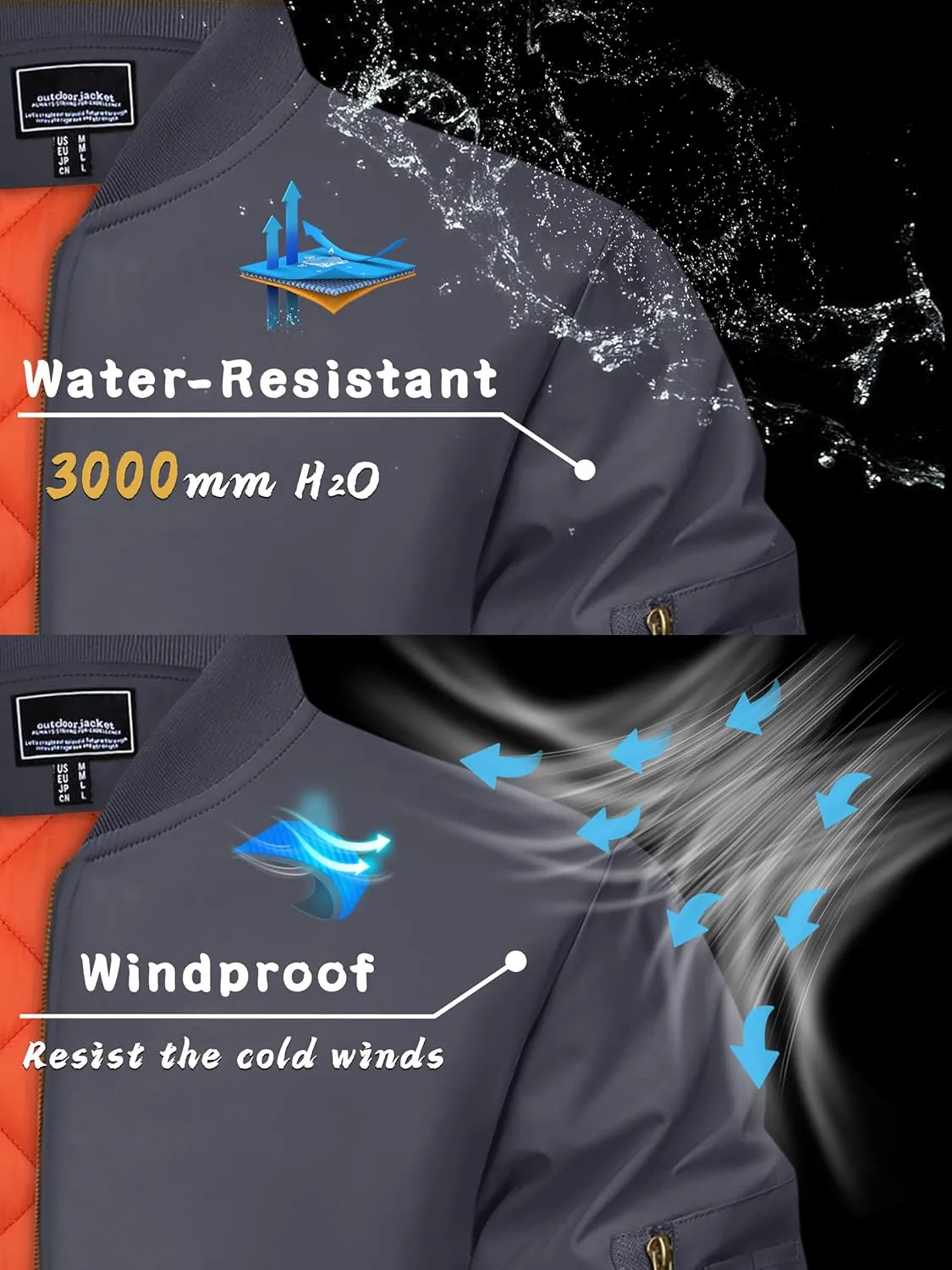 KEFITEVD Men's Jacket Casual Windproof Bomber Jackets Full Zip Windbreaker Warm Winter Padded Coats