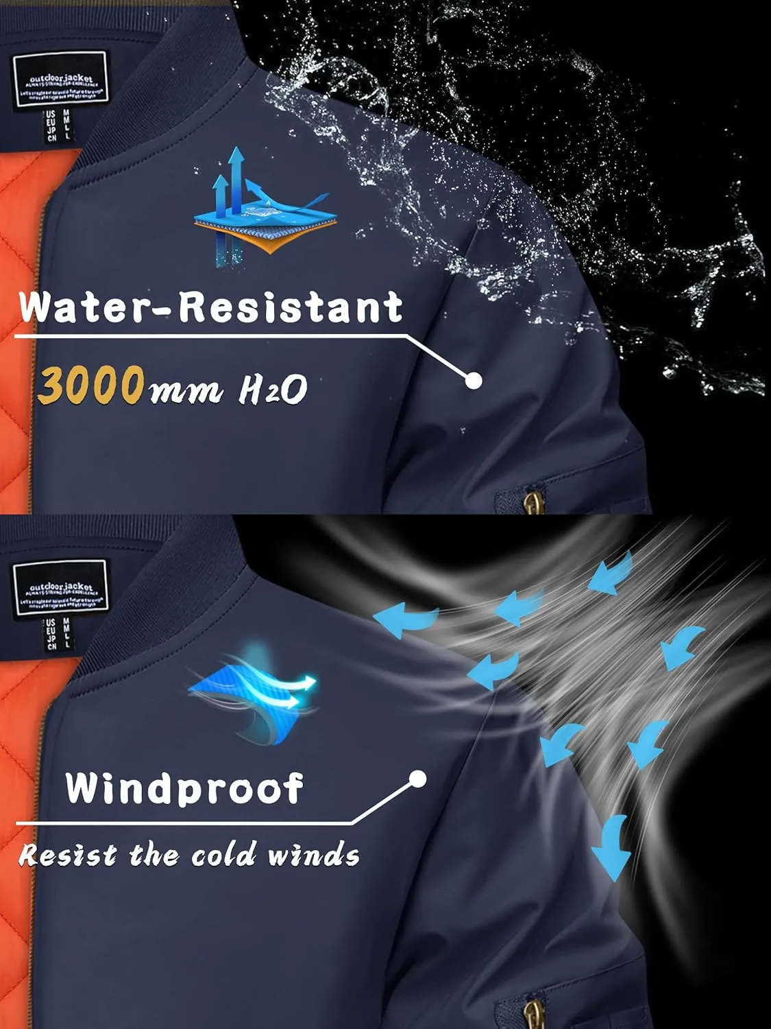 KEFITEVD Men's Jacket Casual Windproof Bomber Jackets Full Zip Windbreaker Warm Winter Padded Coats