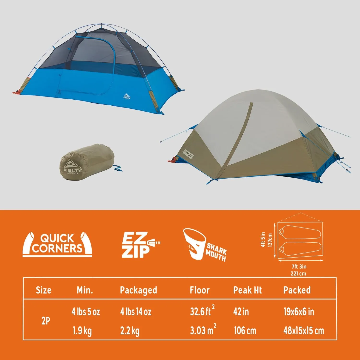 Kelty Ashcroft Camp Tent - 1, 2 or 3 Person Camping Shelter with Full Coverage Rainfly, Lightweight Aluminum Poles, Camping Backpacking Festival Shelter