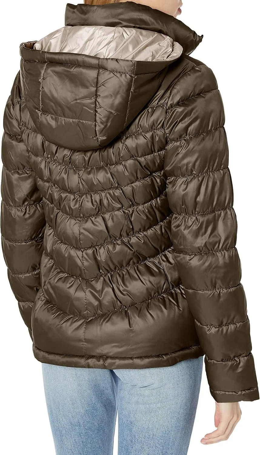 Kenneth Cole Women's Ruched Quilted Hooded Packable Puffer Jacket