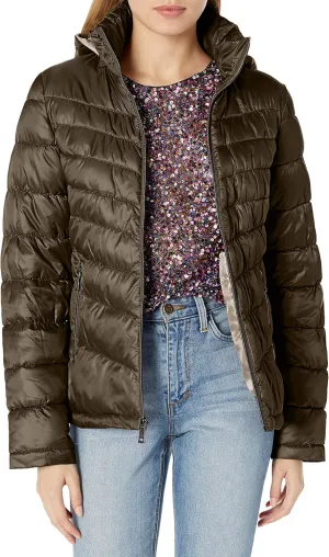 Kenneth Cole Women's Ruched Quilted Hooded Packable Puffer Jacket
