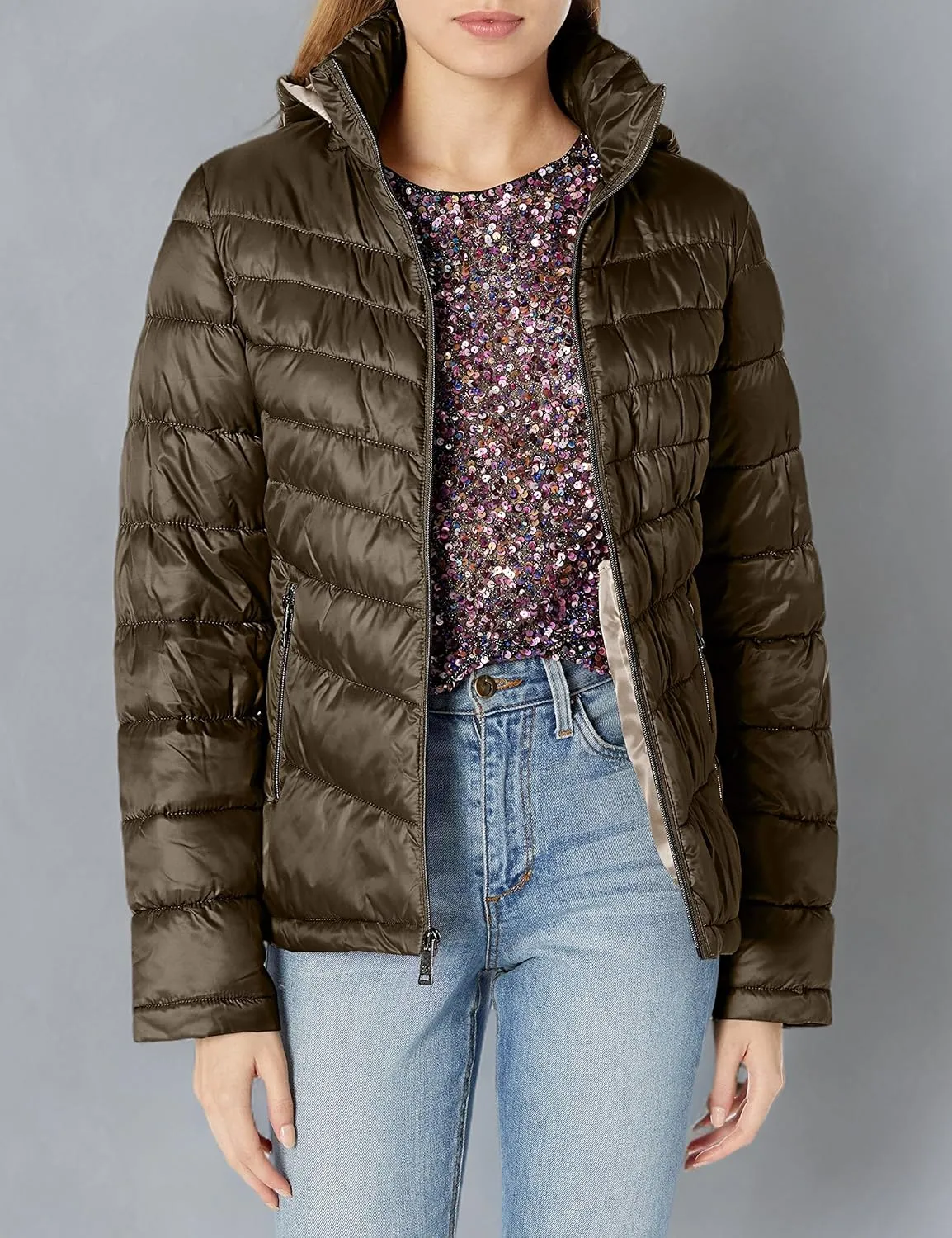 Kenneth Cole Women's Ruched Quilted Hooded Packable Puffer Jacket